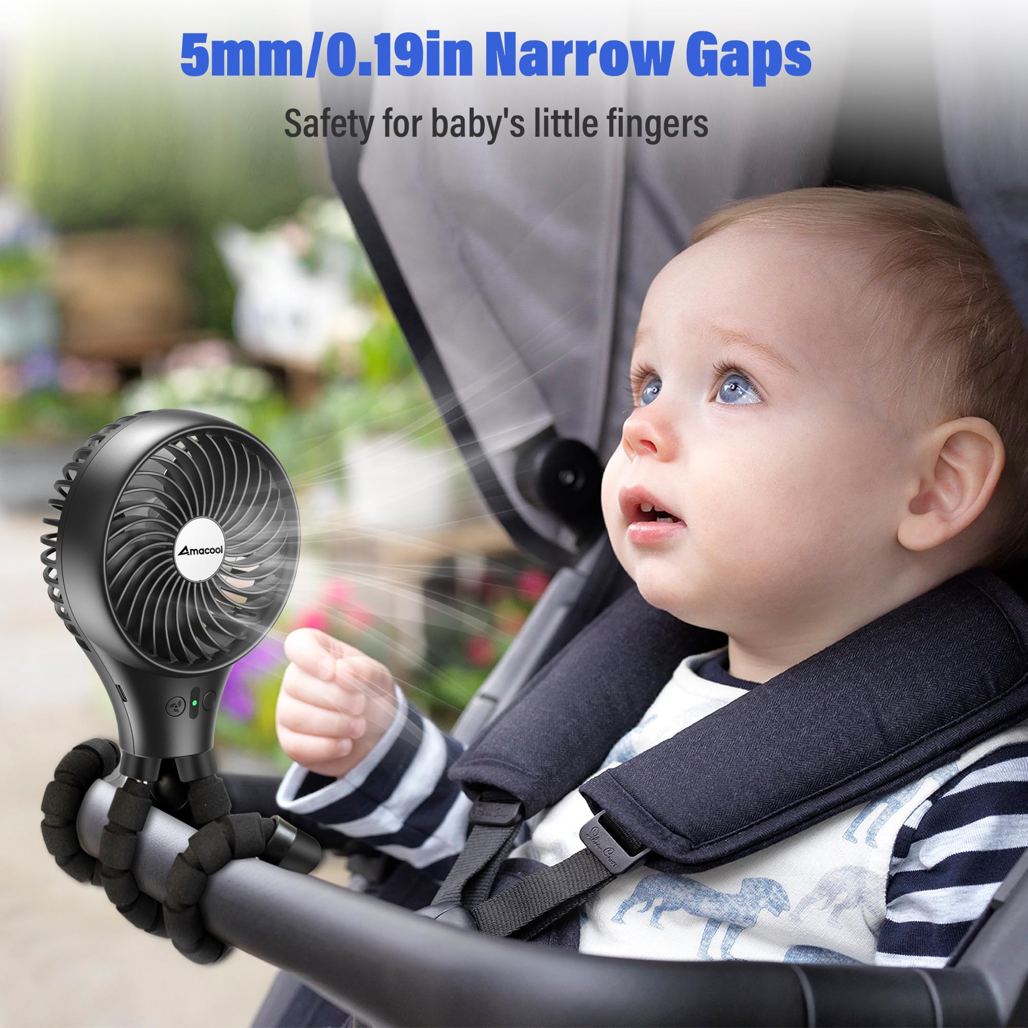 AMACOOL Ventilatore a batteria, oscillante portatile a clip con treppiede flessibile a 3 velocità, per seggiolino auto, culla e tapis roulant da viaggio