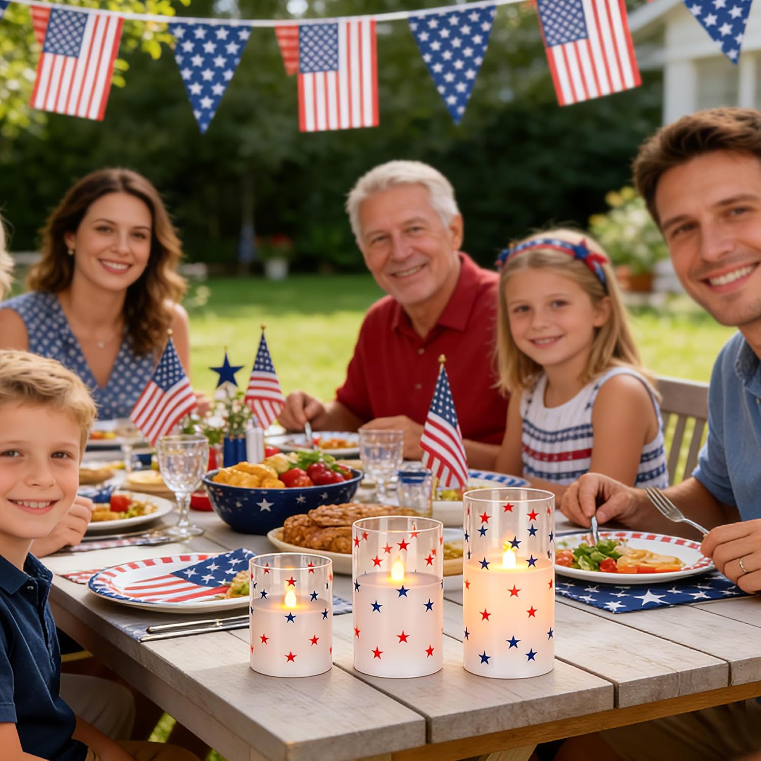 4th of July Candles, Glass Flameless Pillar Candles with Remote and Timer, Red White Blue Star Patriotic LED Candles, Battery Operated Independence Day Indoor Decor Set of 3