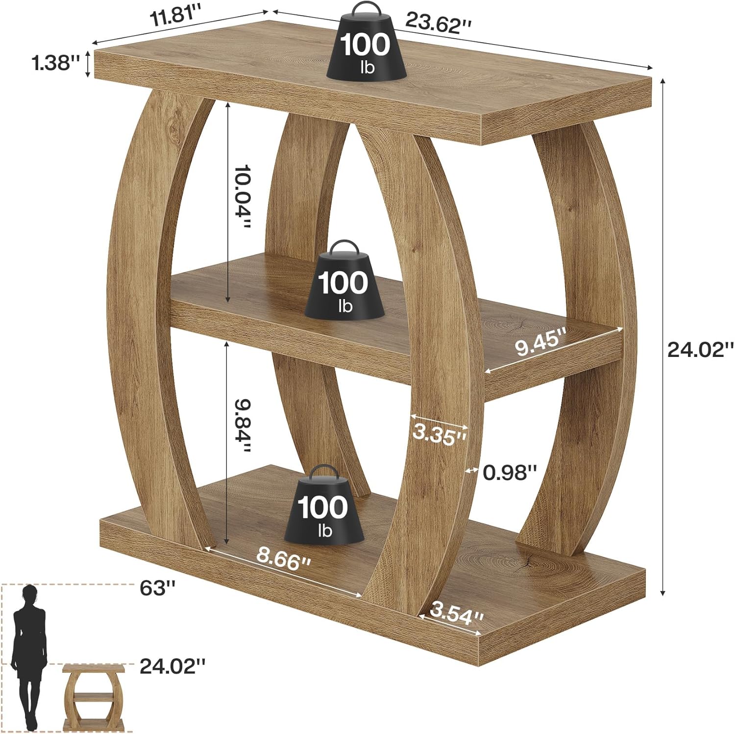 Detailed dimensions of the Tribesigns 3-Tier End Table