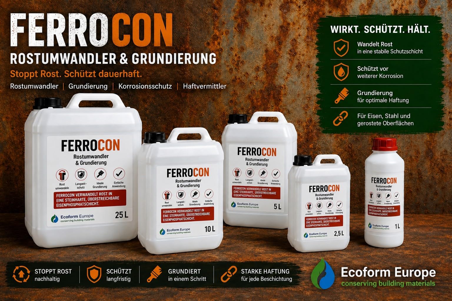 Ecoform Ferrocon 2,5 Liter (ca. 20 m²) Rostumwandler & Rostentferner – Für Eisen, Stahl und Kupfer – Reinigt Rost, Flugrost und Kupferkorrosion