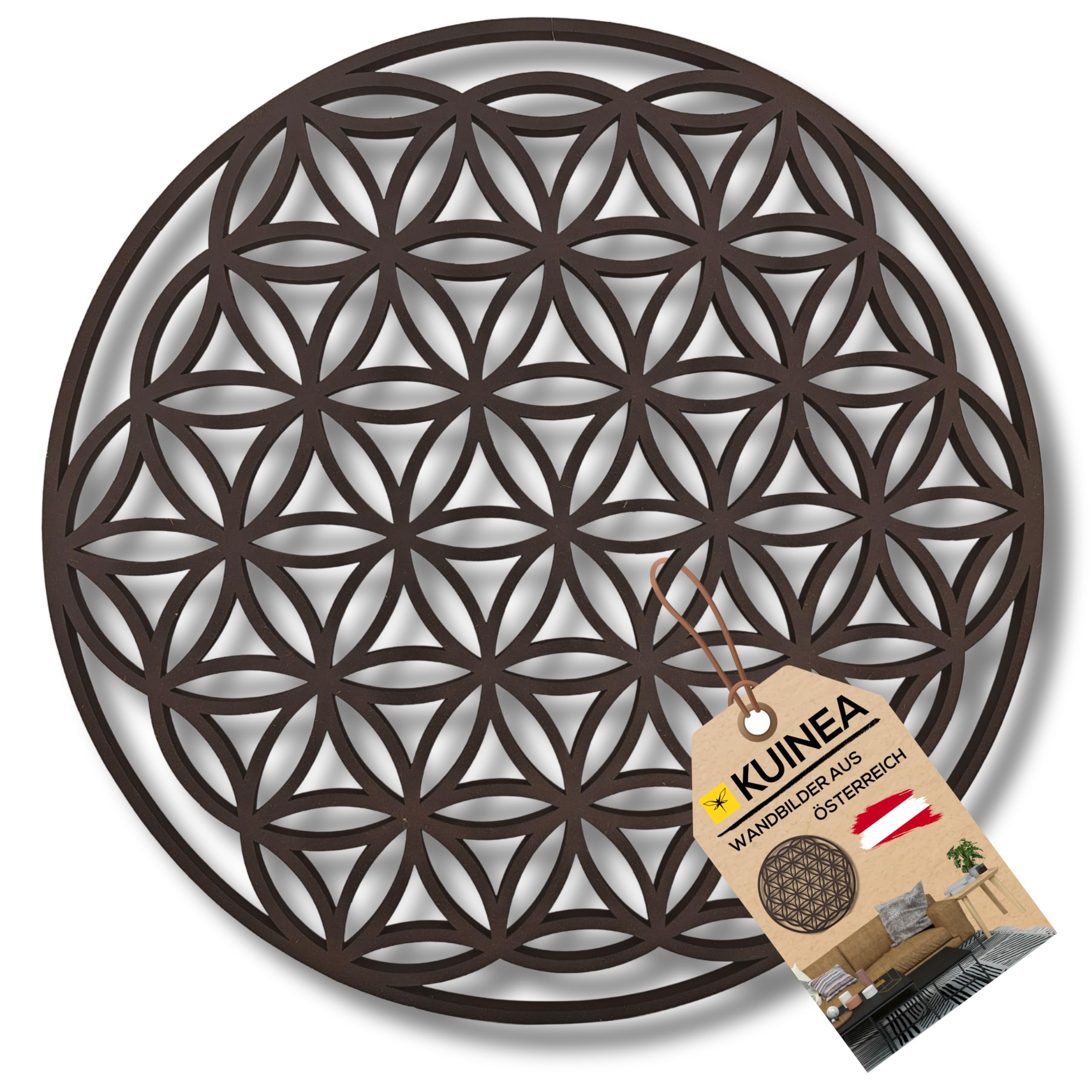 KUINEA® Wandbild Blume des Lebens Ø42cm – Runde Holz Wanddeko in Anthrazit für Wohnzimmer, Schlafzimmer, Büro | Design-Deko als Geschenkidee mit Lebensblume Motiv