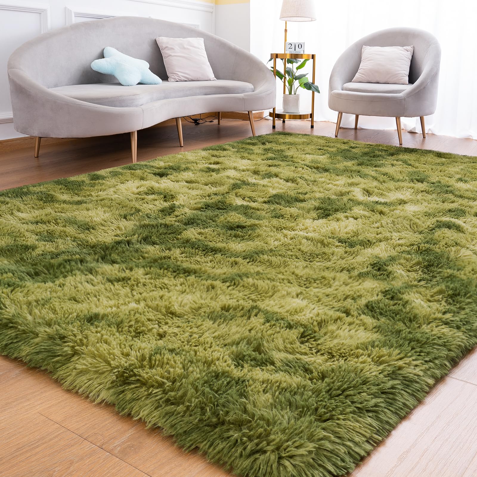 Goideal Fluffy Rug for Bedroom Living Room, 6x9 Green Area Rugs, Faux Fur Shag Modern Carpet Ultra Soft Girls Boys Room Home Decor, Tie-Dyed