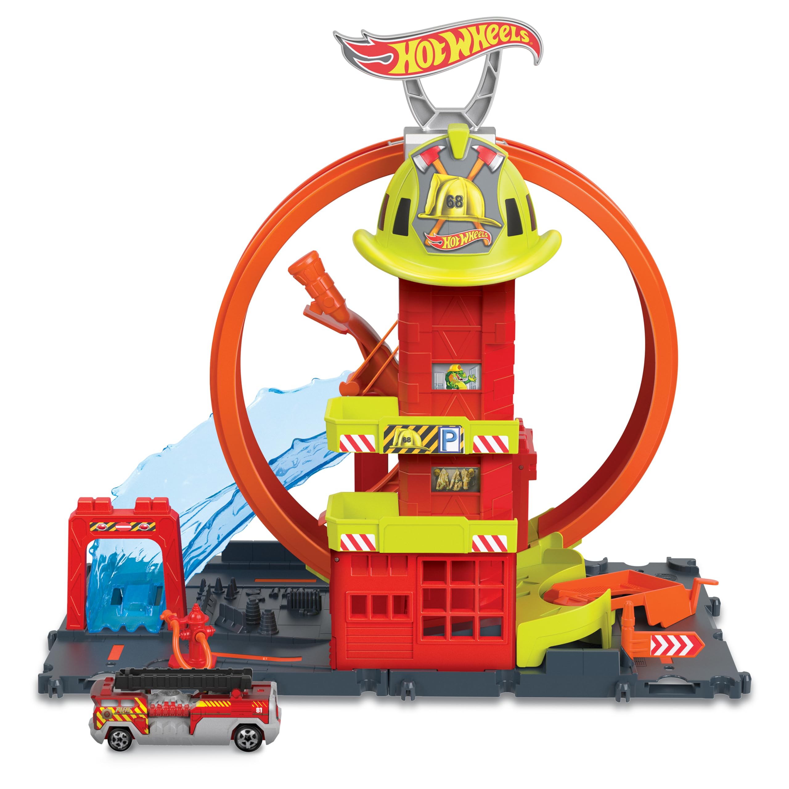 Hot Wheels City Super-Looping Feuerwache - Spielset mit manuellem Aufzug und wasserähnlicher Rampe und Parkplätzen für zusätzliche Autos, für Kinder ab 4 Jahren, HKX41