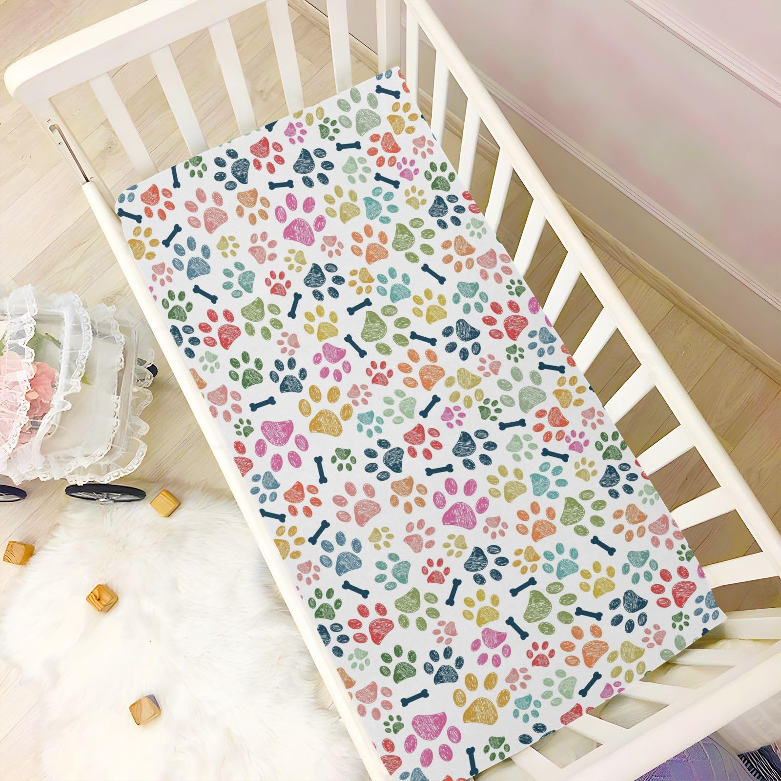 Baby Crib Sheet Dogs Paw Bone Crib Mattress for Boys and Girls Playard Sheet Soft Breathable Fitted Baby Mattress Cover 52x28in