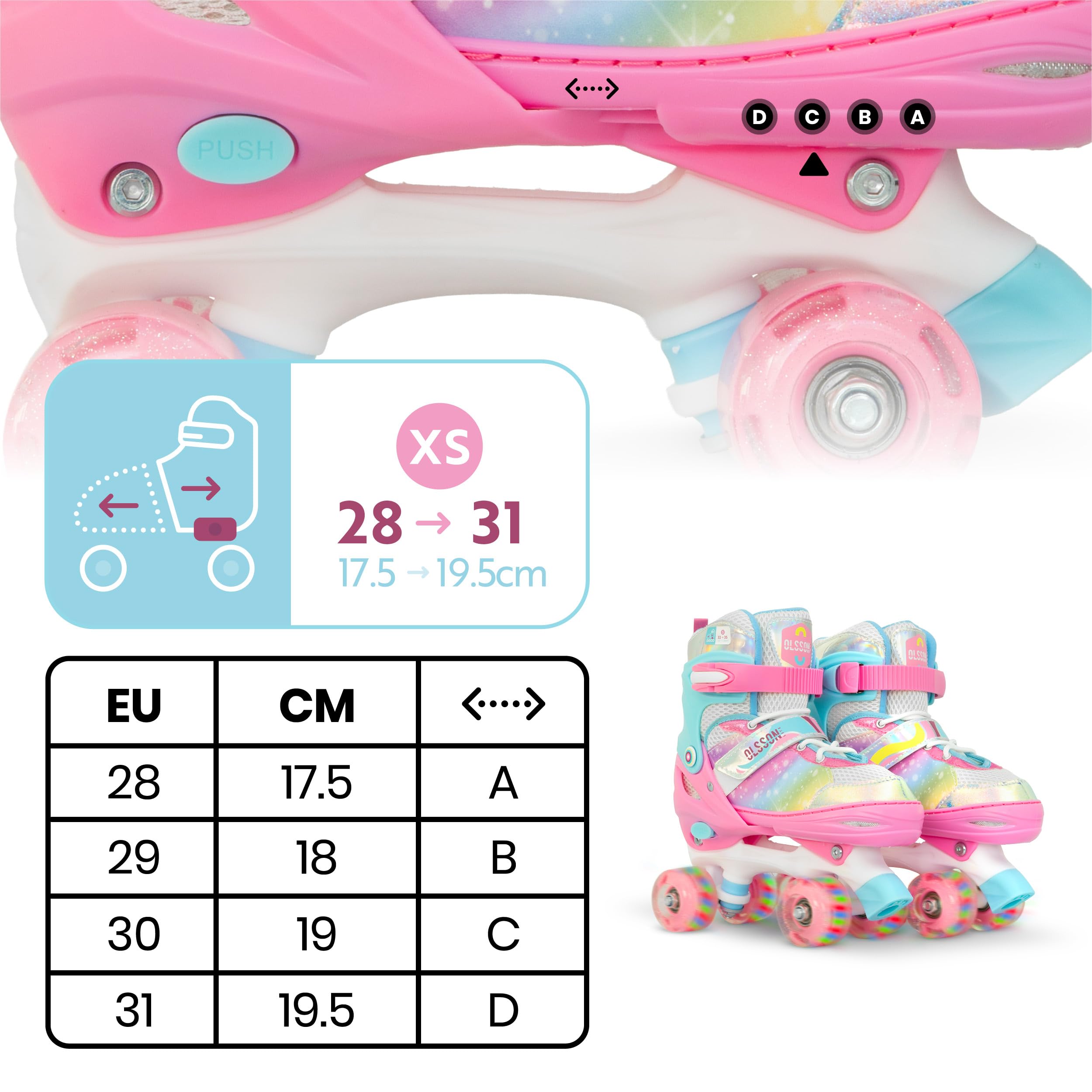 Patines OLSSON Blossom Niños 4 Ruedas con Luces ABEC 7 Carbono Talla Ajustable 28-35