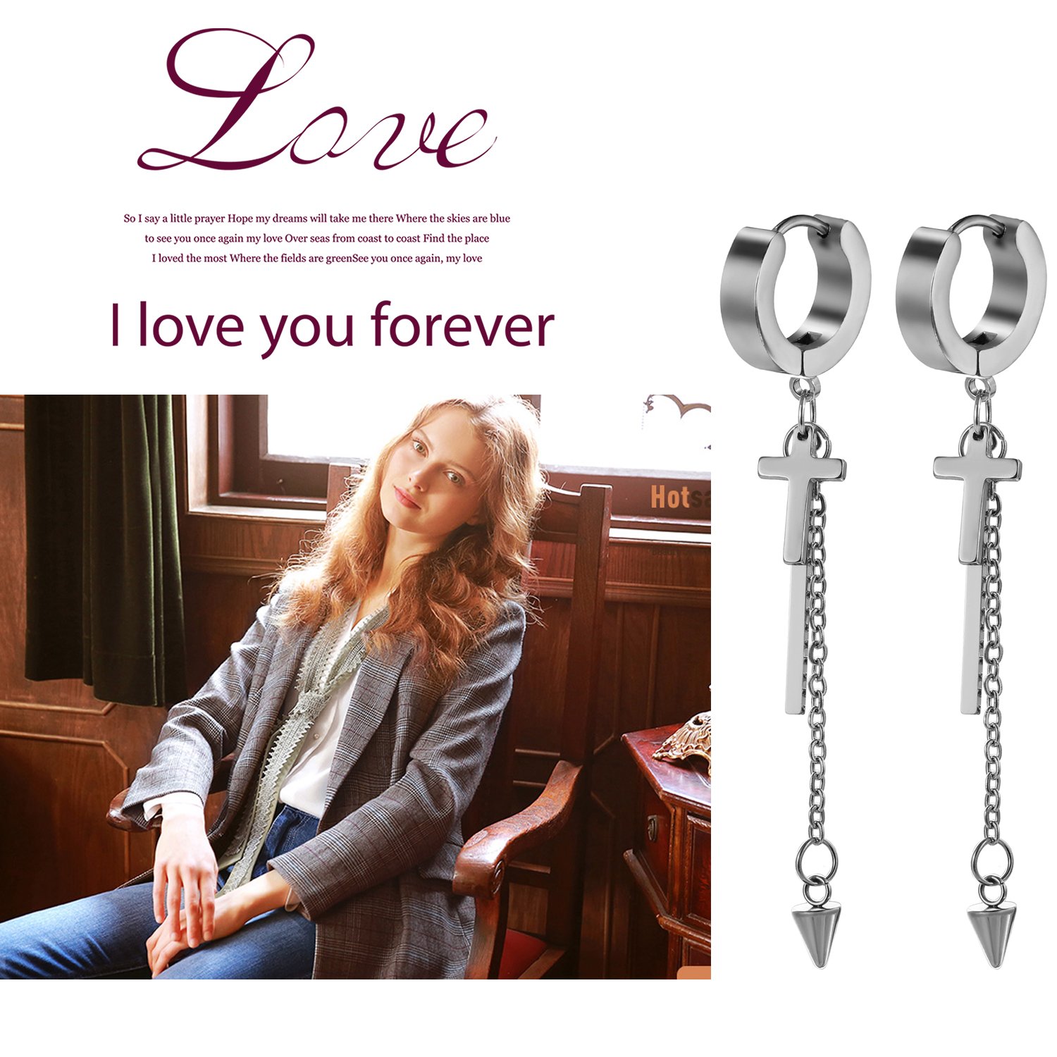 JewelryWe Pendientes de aro para hombre y mujer, con colgante de cruz de acero inoxidable, color plateado, dorado y negro plateado