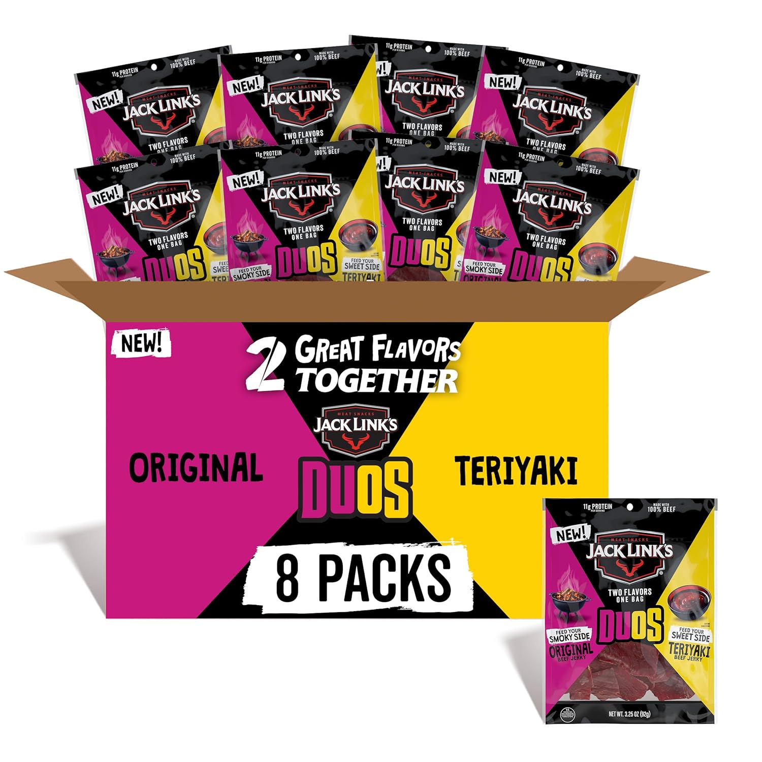 Jack Link's DUOs Original and Teriyaki Beef Jerky, Shareable Under 100 Calories Snack Packs with 11g of Protein, Bulk Pack of Individual Bags of Meat Snacks – 3.25oz (8 Count)