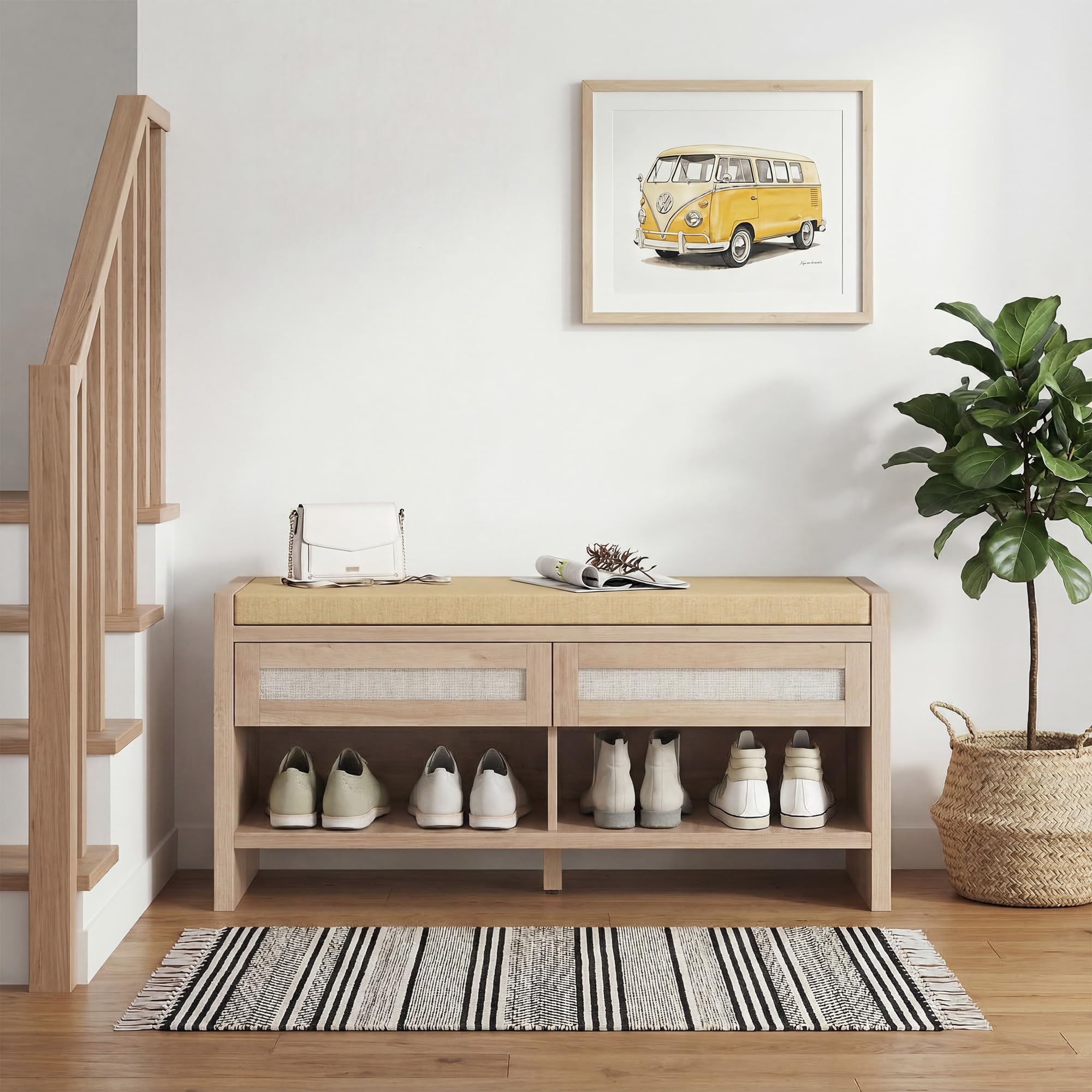 HOMCOM Banco Zapatos 2 cajones ratán 105x35x50cm Efecto Roble | Banco de almacenamiento boho, asiento acolchado aspecto lino, estante abierto, entrada, pasillo, sala de estar, dormitorio