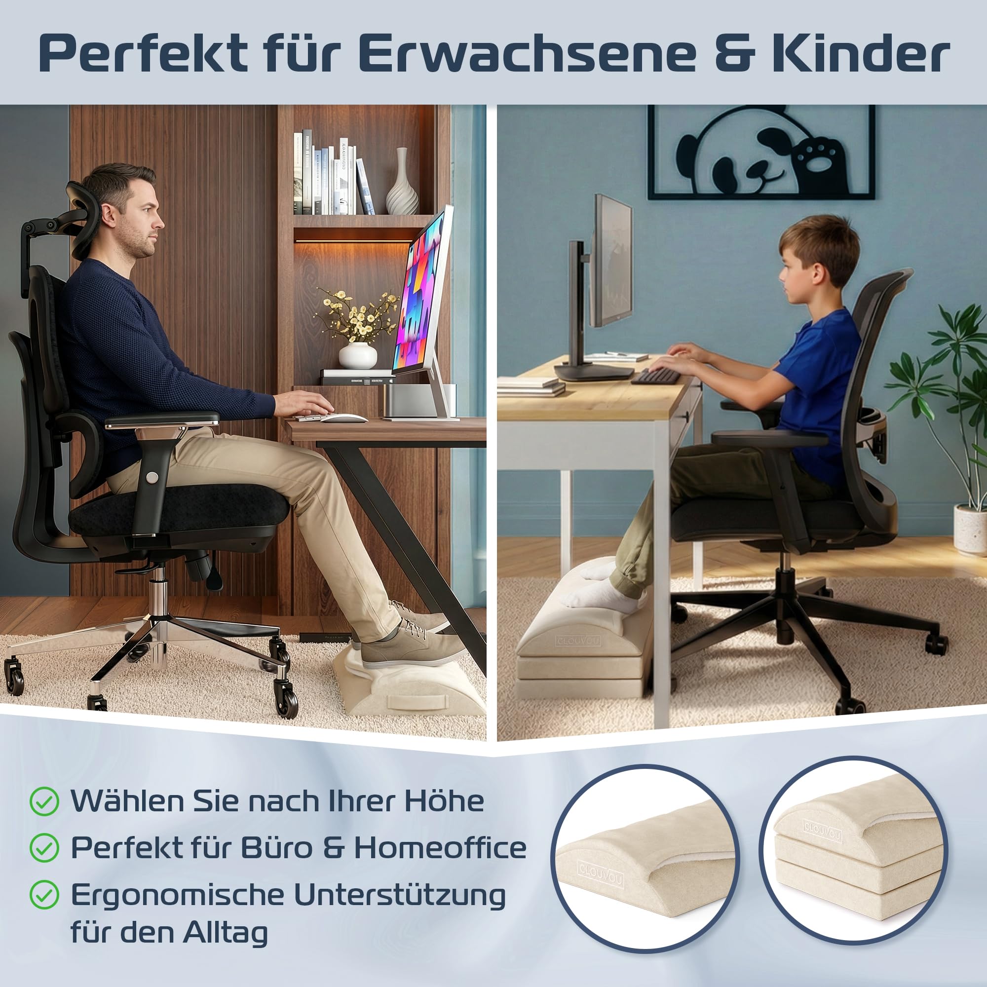 CLOUVOU MasterRest Ergonomische Fußstütze Schreibtisch [TESTSIEGER] Fußhocker höhenverstellbar - Fußablage Schreibtisch - Fußstütze Büro - Fußkissen für Homeoffice - Traumhaft Flauschig