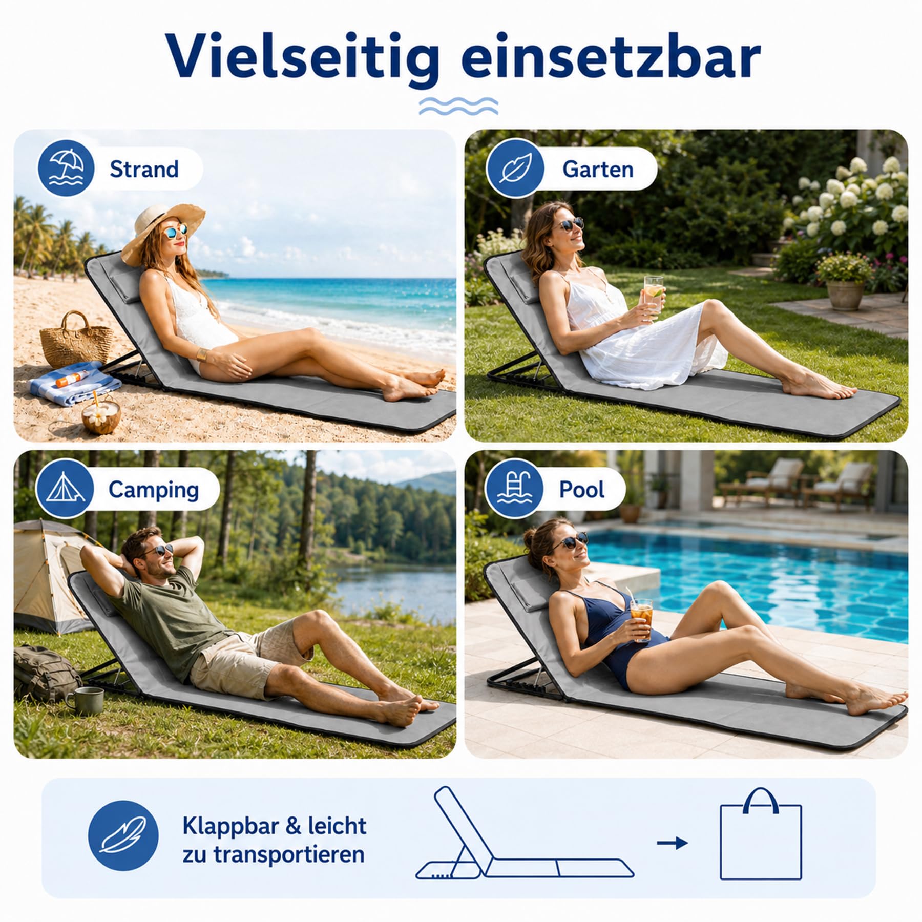 Shengruili 2Pcs Strandmatte mit Rückenlehne,Strand Liegestuhl Leicht,Strand Liege Camping mit Aufbewahrungstasche,Tragbare Sonnenliege für Strand, Camping & Garten,Platzsparend & stabil