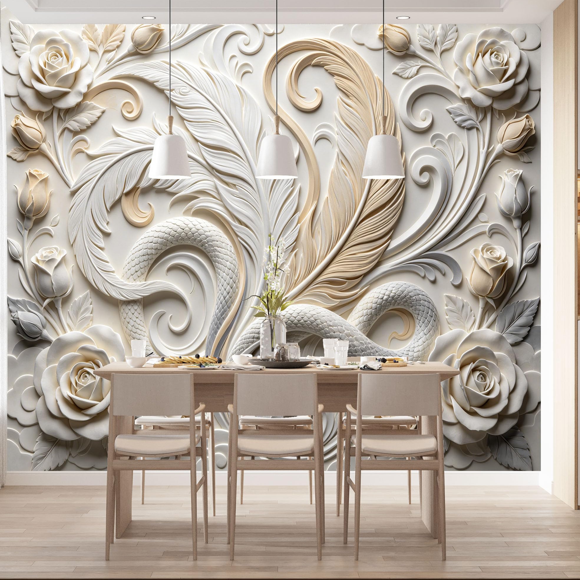 Carta Da Parati Fotografica con Serpente Intrecciato E Grandi Piume Effetto Rilievo Floreale In Gesso Murale Da Parete 210×150 cm (Lxa) Decorazione Fai Da Te per La Casa Rivestimento Murale per Div