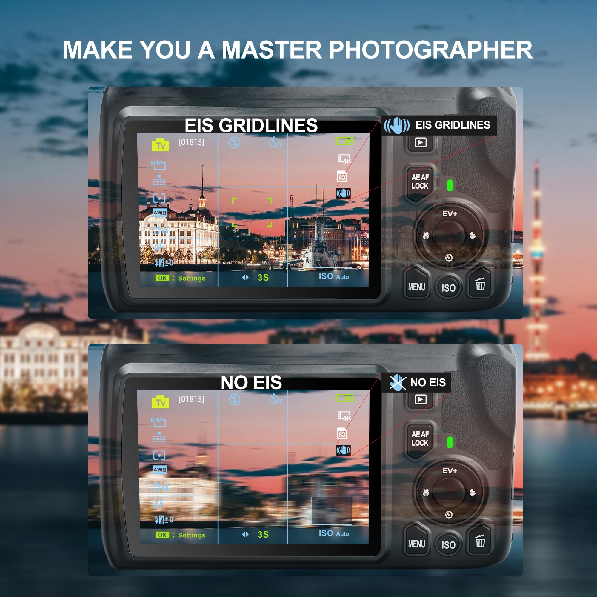 NBD 4K Digitalkamera 40X Zoom 64MP DSLR Kamera Autofokus 1080P HD Vlogging EIS 32GB SD Karte 2 Batterien Schwarz