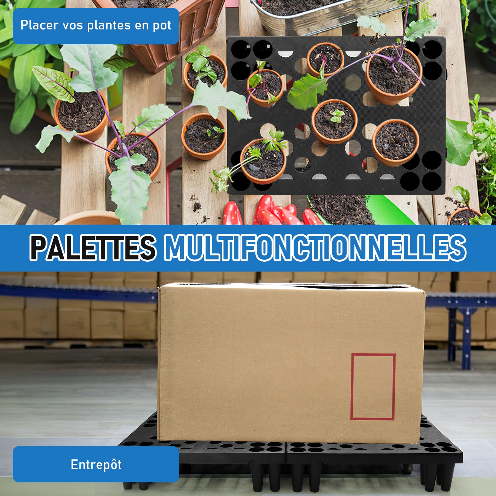 Lot de 4 Palettes en Plastique Noires Empilables, 40 x 30 x 10 cm