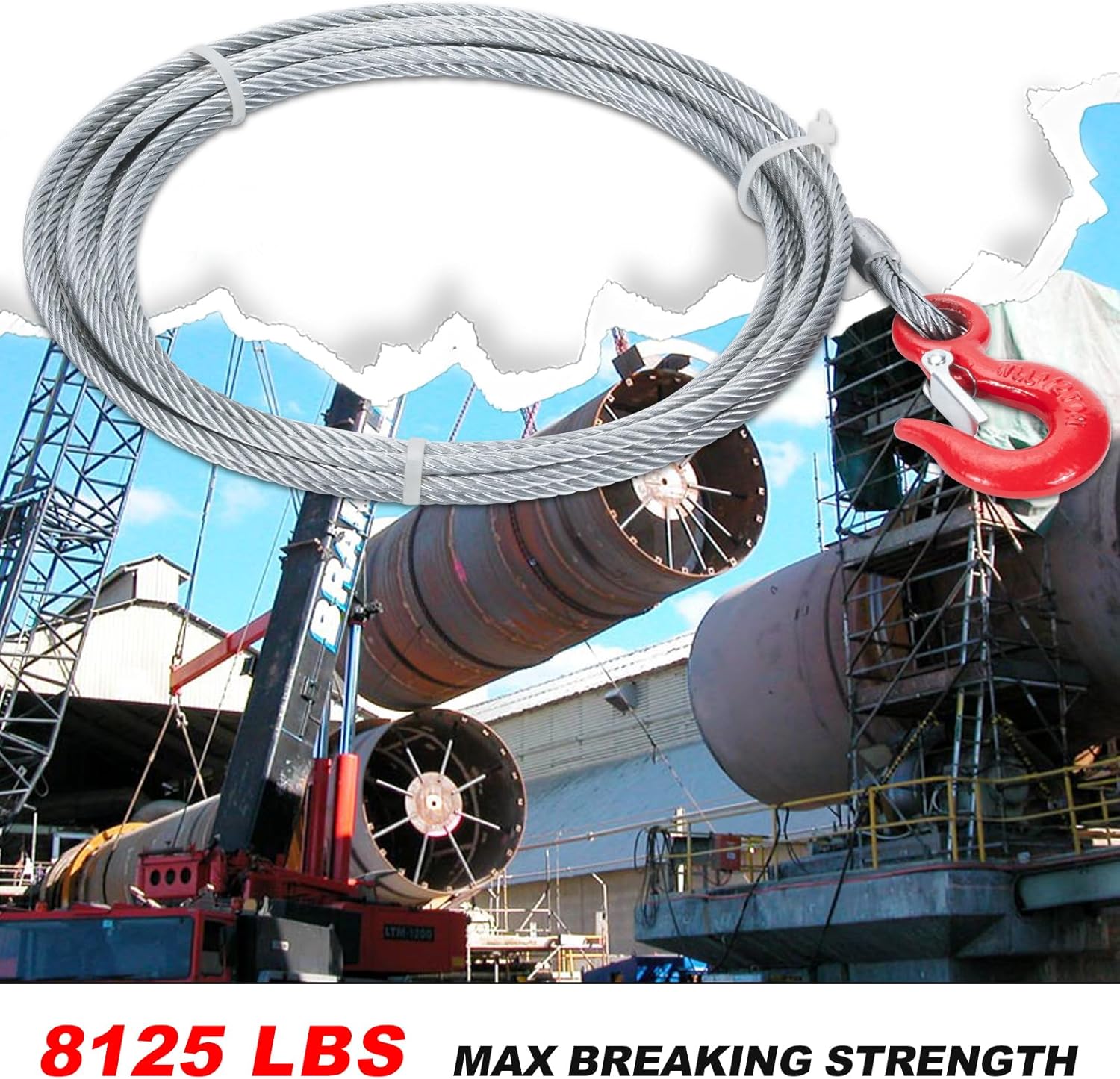 Galvanized Steel Core Winch Cable, 3/16 Inch x 50 Feet Tow Winch Cable with Safty Hook, 7 x 19 Strand Core Wire Winch Rope, 8125 Lbs Breaking Strength, Fit for SUV, Off-Road Vehicle, Truck