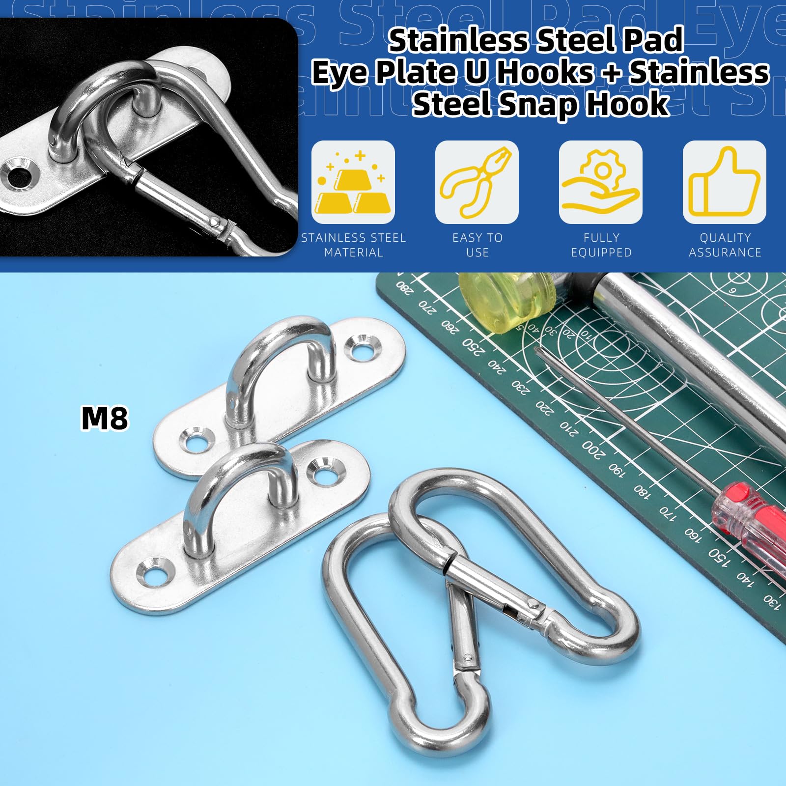 GLARKS 24pcs M8 Stainless Steel Pad Eye Plate Hook and Snap Hook Kit - Image 3