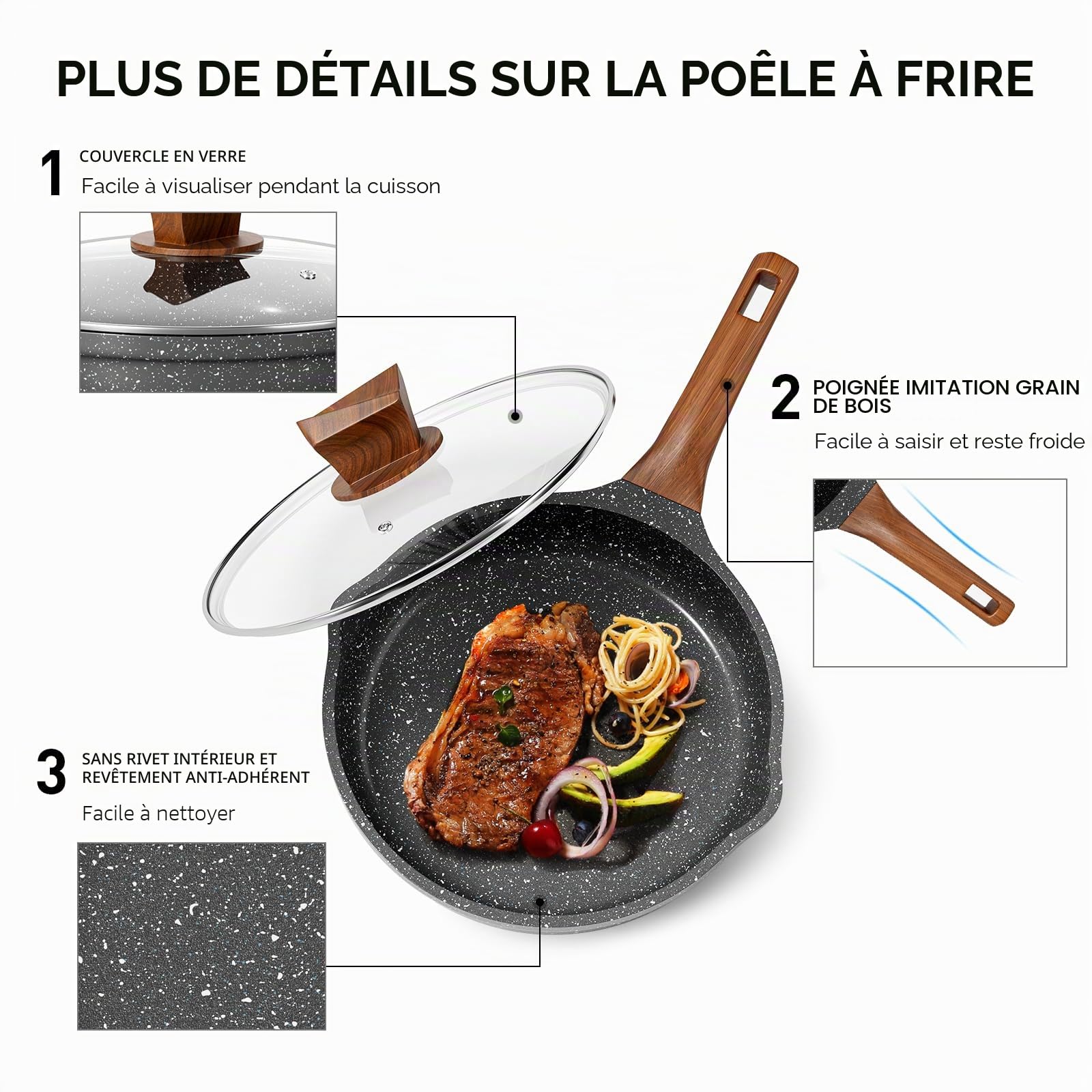 RIOVARM Induction Set de poêles avec Couvercles Antiadhésif Set de poêles à frire 20 cm 24 cm 28 cm Granit Poêle à omelette sans PFOA Marbre Batterie de cuisine avec poignée résistante à la chaleur