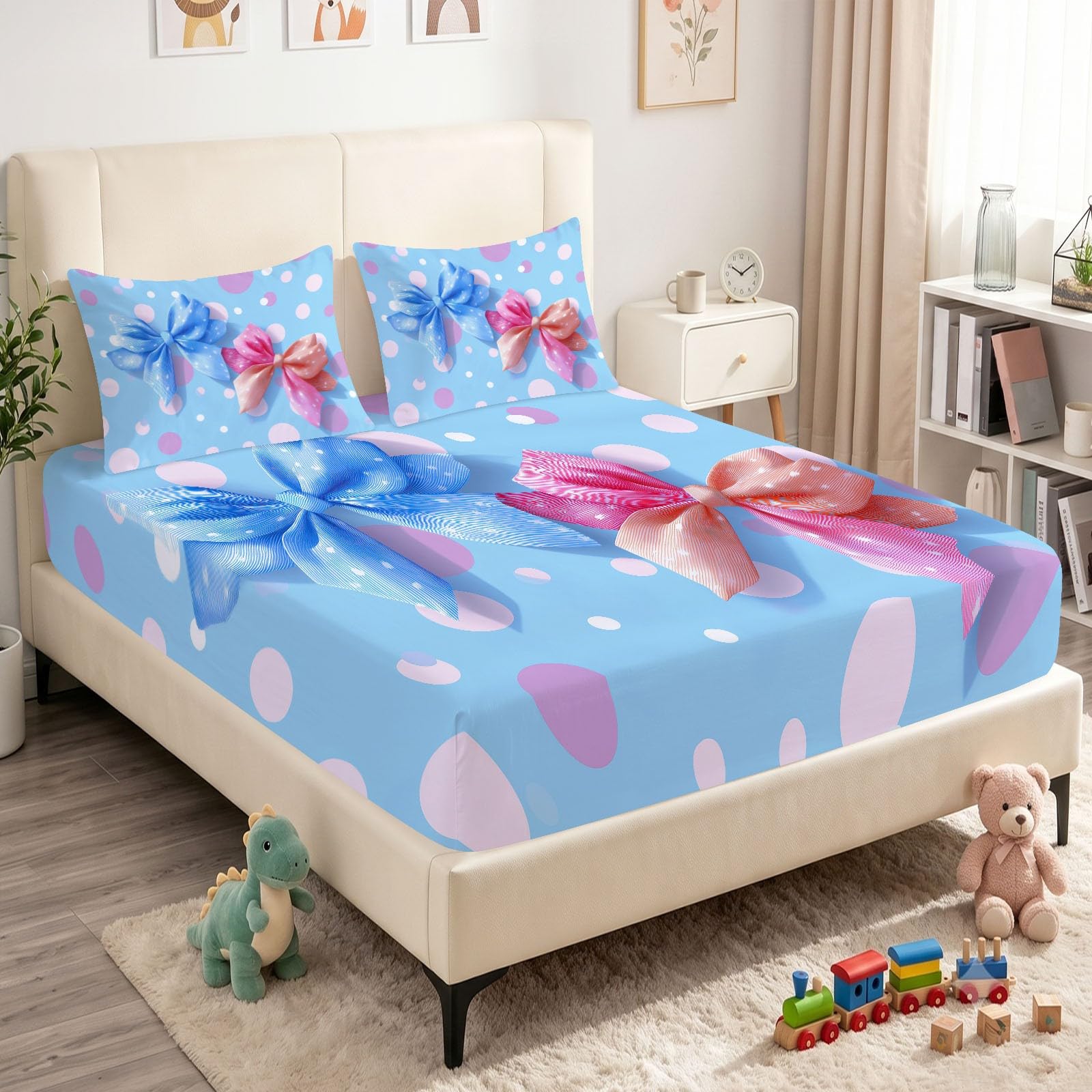 Sábanas bajeras bajeras para niños y adolescentes, decoración de dormitorio, diseño de lunares de dibujos animados, juego de ropa de cama de 3 piezas, sábana bajera ajustable de microfibra suave y 1
