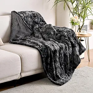 Bearhug Heated Throw Blanket 50" x 60" Electric Throw Warming Blanket Reversible Faux Fur & Sherpa, 6 Heating Levels & 4H Auto Off, Over-Heat Protect, ETL, Washable Heated Blanket Marble Black