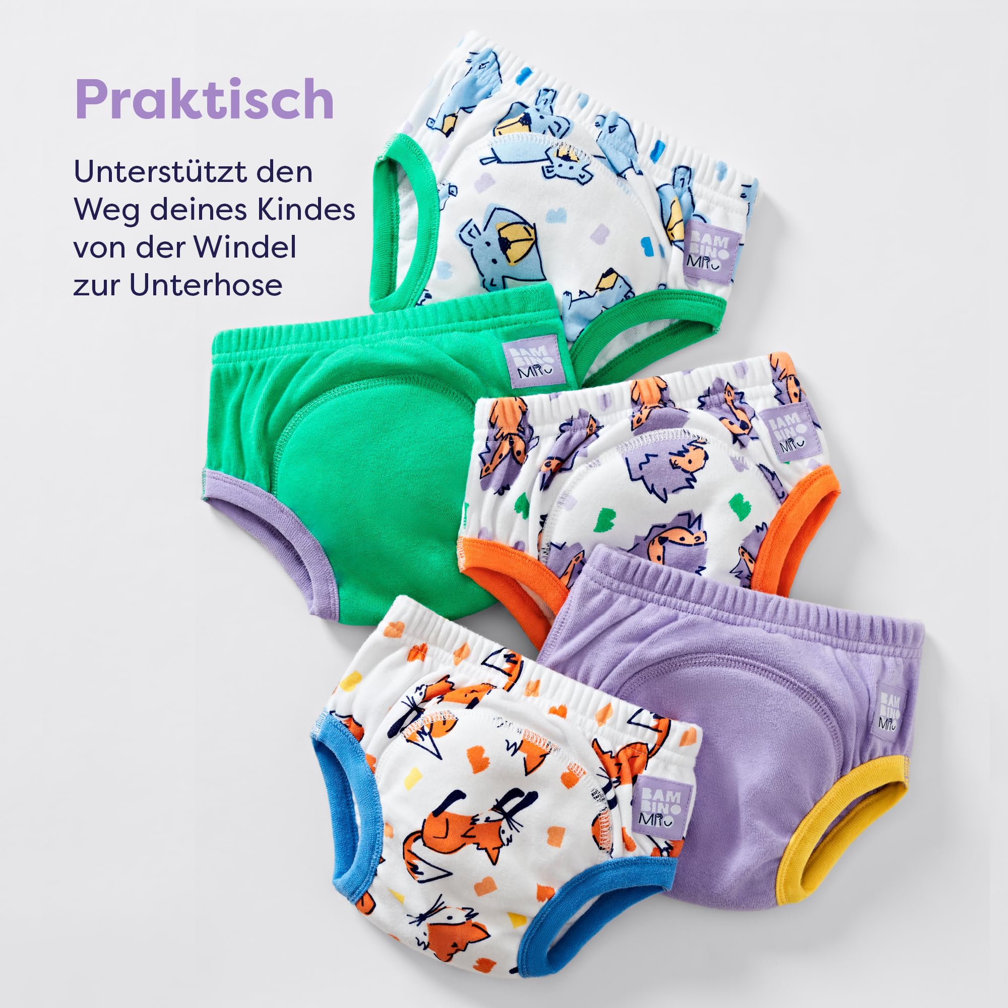 Bambino Mio, Wiederverwendbare Töpfchen-Trainingshose für Jungen und Mädchen, 5er-Packung, Mutige Tiere, 3-4 Jahre