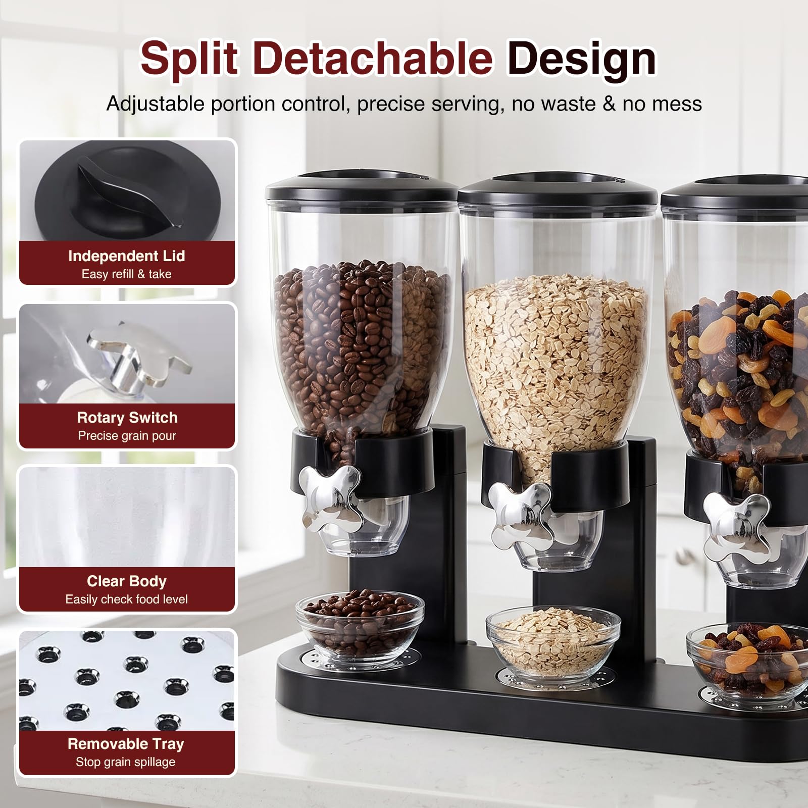 Cereal Dispenser Countertop 2L, Dreifacher Müslispender, Luftdichte Vorratsdosen mit Drehverschluss, Transparente Trockenkost-Spender Behälter für Müsli, Reis, Süßigkeiten, Kaffebohnen, Schwarz