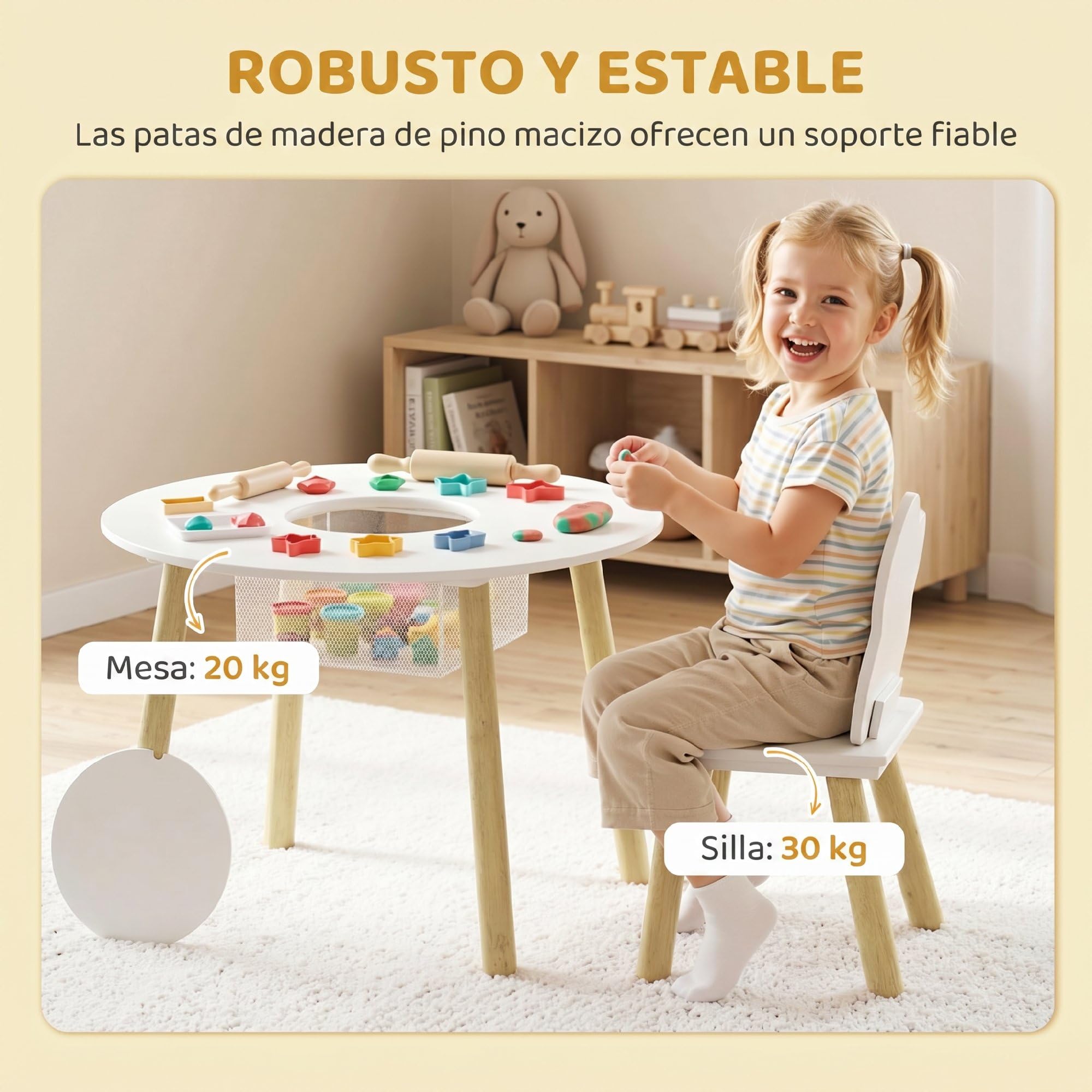 AIYAPLAY Mesa Infantil con 2 Sillas, Bolsa de Malla, Tema de Nube, Blanco | Mesa y Sillas Infantil, Niños y Niñas de 3-6 Años, Hogar, Guardería, Aulas
