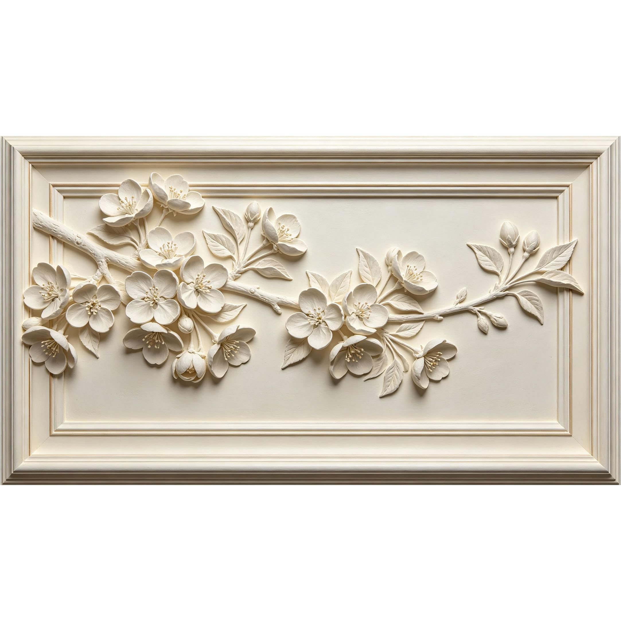 QZLITHOTIC 50x90cm3D Framed Wall Art， Botanical Floral Relief Blossom Branch Self‑Adhesive Mural， Water‑Activated Peel & Stick Fabric Decor Wall Decal for Bedroom Living Room