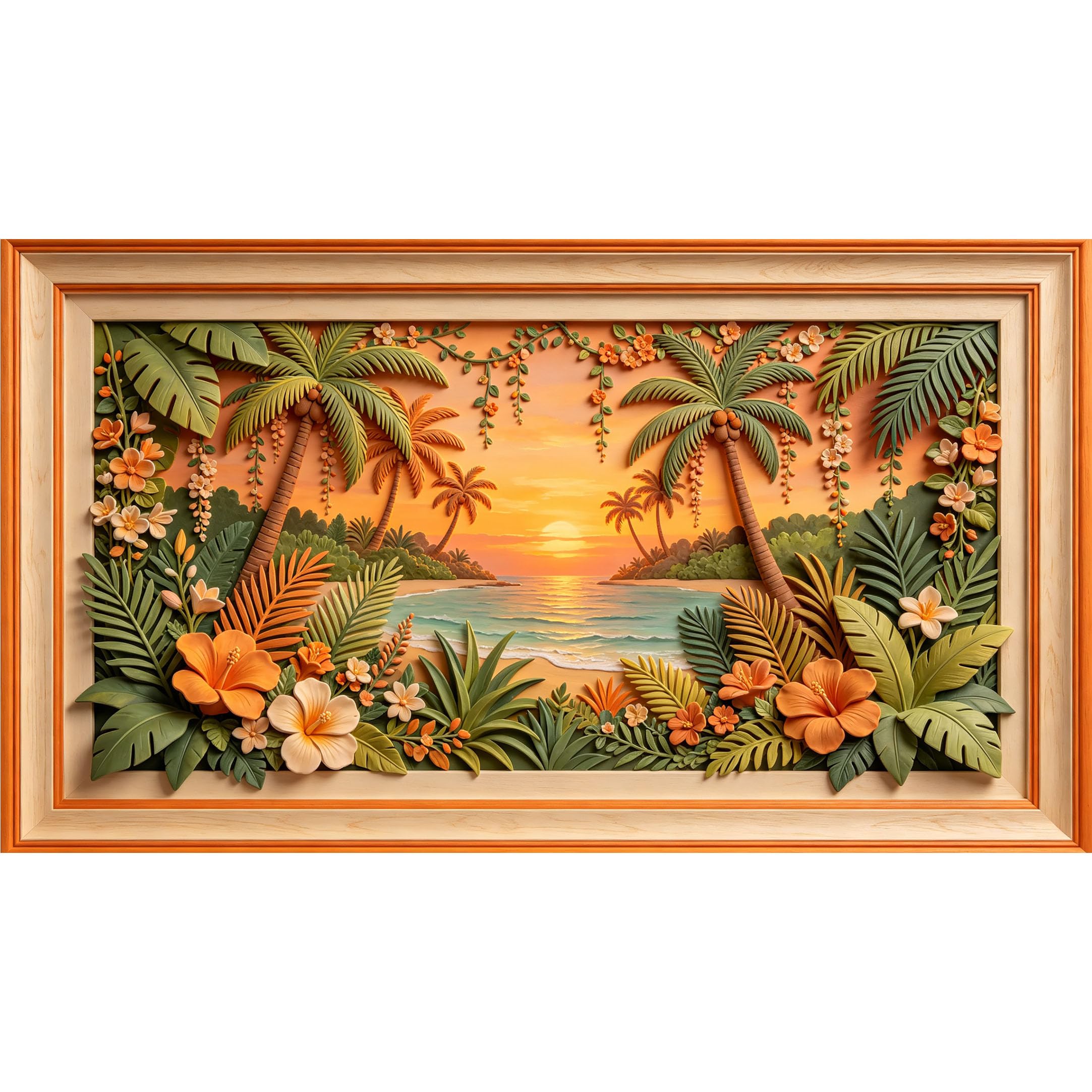QZLITHOTIC 50×90cm3D Framed Wall Art， Tropical Sunset Palm Beach Floral Self?Adhesive Mural， Water?Activated Peel & Stick Fabric Decor Wall Decal for Bedroom Living Room