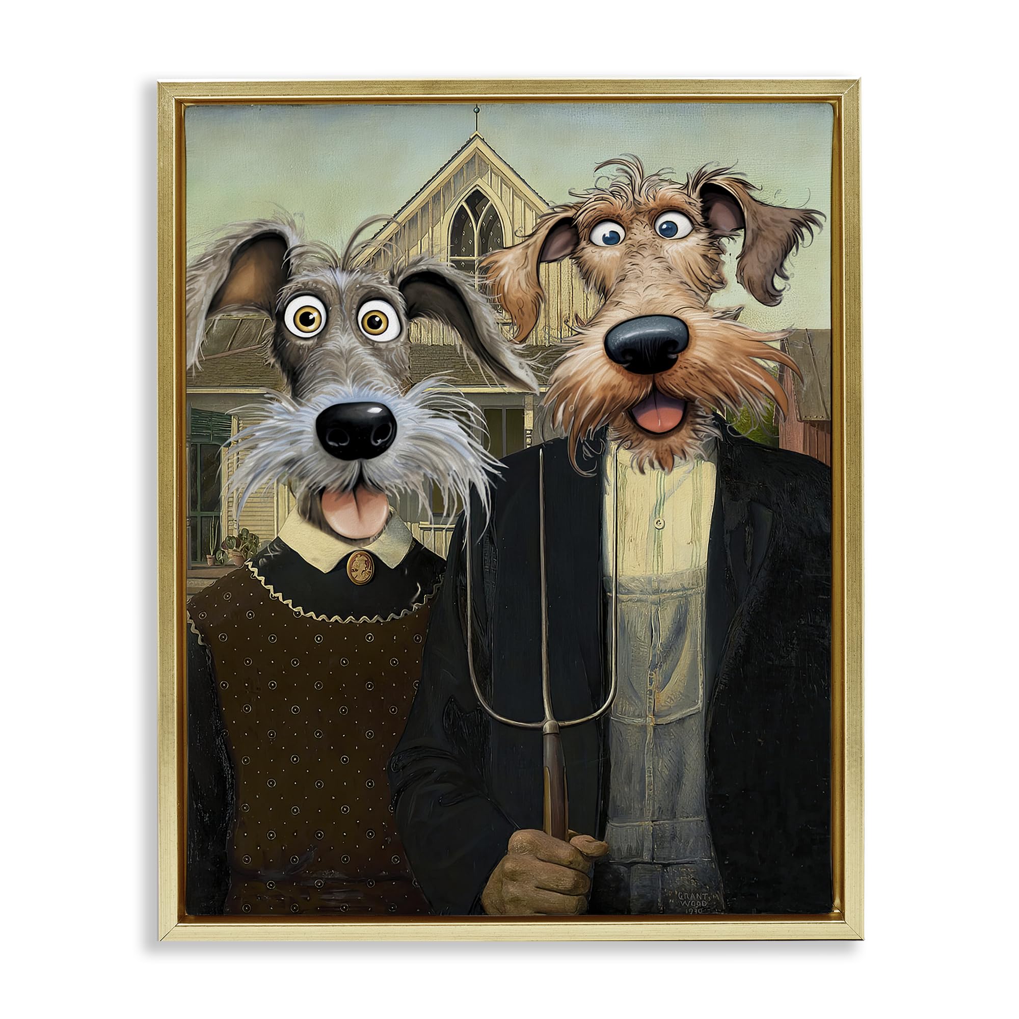 Stupell Industries Metallic Gold (Matte) 'American Gothic Pups', Floating Frame Canvas Art, Gold, 25 X 31 Inches, Easy To Hang And Sturdy, Made In Usa, By Tina Lecour