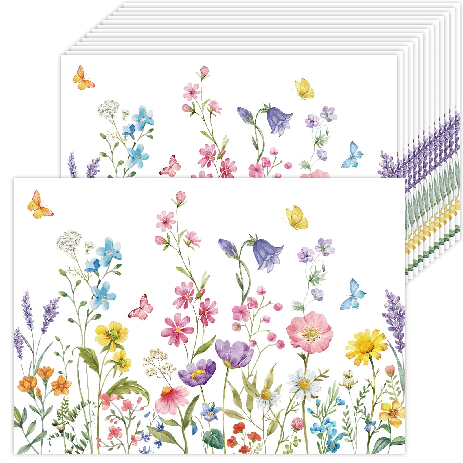 HSDSH 50 Pack Wildflower Paper Placemats Disposable,16x 11 Inch Spring Floral Placemats Butterfly Wildflower Table Mats for Kitchen Dining Wedding
