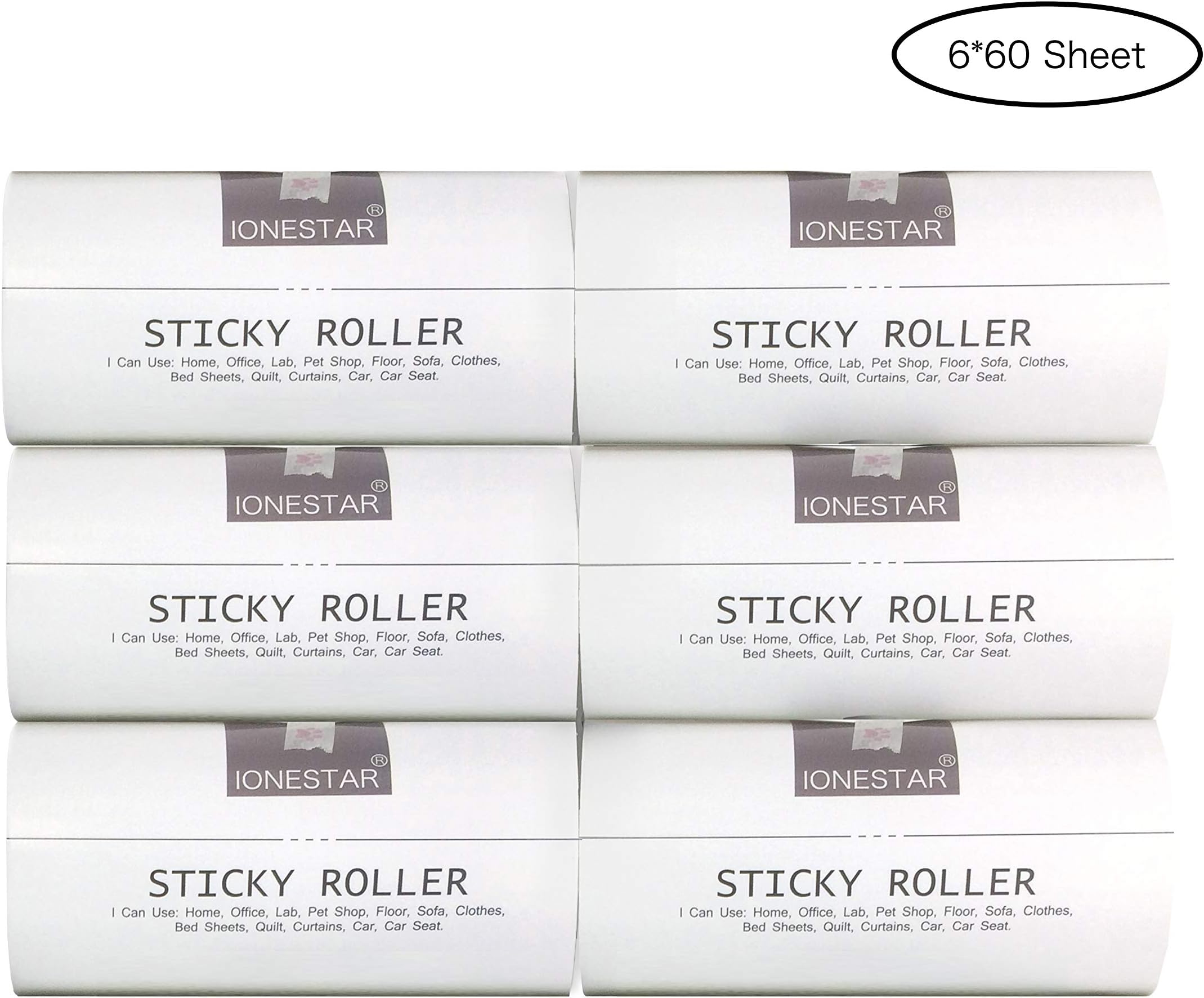 IoneStar Super Sticky Lint Roller Replacement Refills 6 Pack 360 Sheet for Remover Pet Cat Dog Hair Fur,Extra Large Safe Cleaner for Clothes Carpet Floors Furniture,Mini Travel Size Kit (6 Pack)