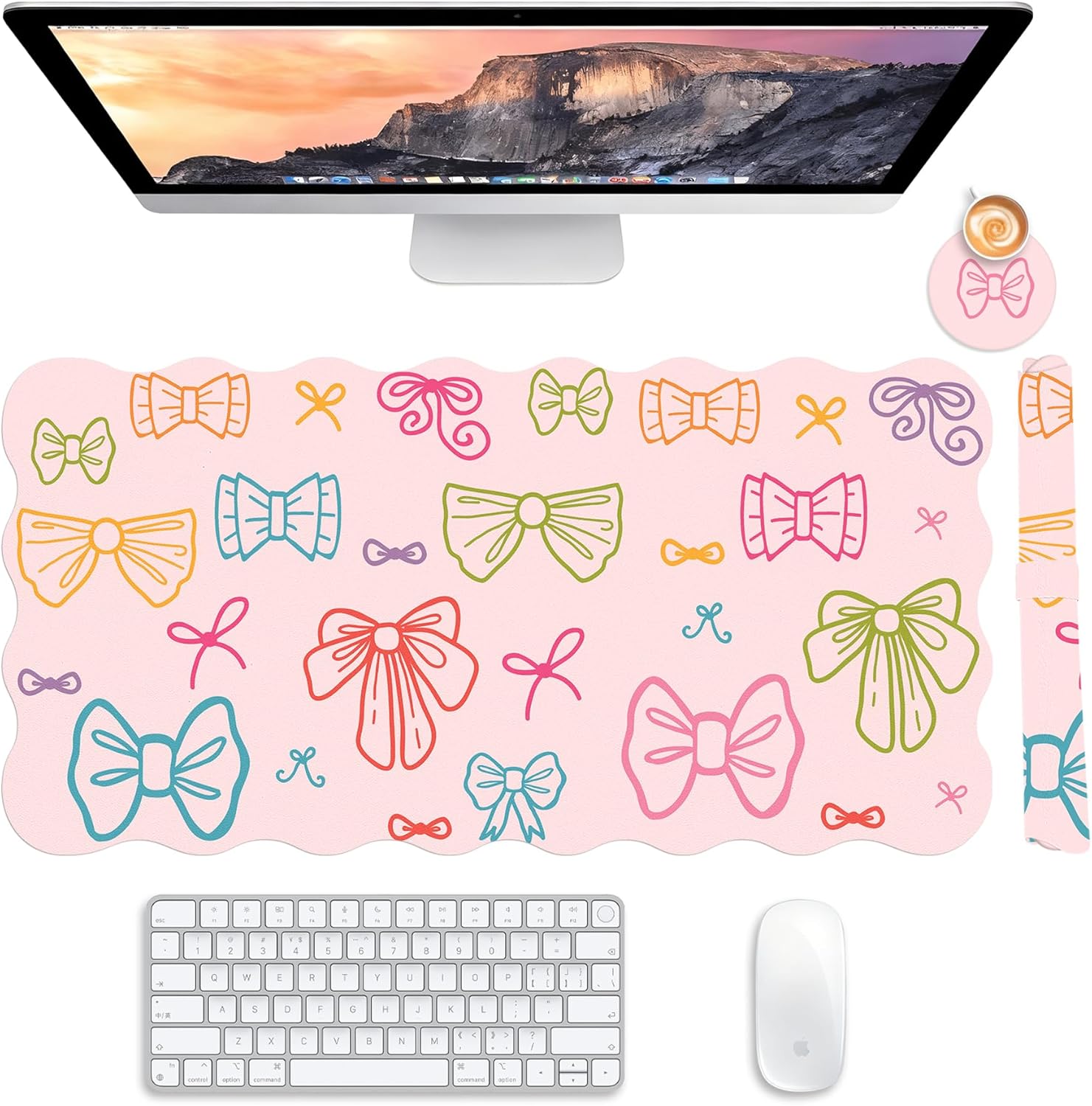 Girly Bow Desk Mat，31.5x15.7in Non-Slip Pu Leather Scalloped Desk Mat Aesthetic Desk Pad with Coaster and Storage Strap for Work Game Home Office