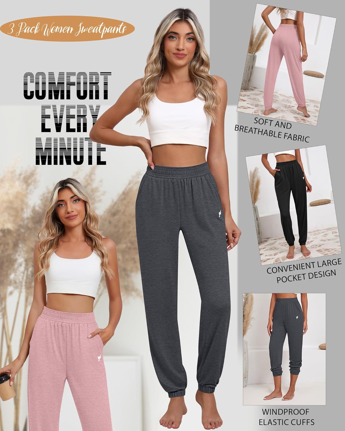 Ficerd 3 Pack Women's Sweatpants Loose Fit Joggers Elastic Tapered Leg Pants Athletic Baggy Lounge Trousers with Pockets - Image 4