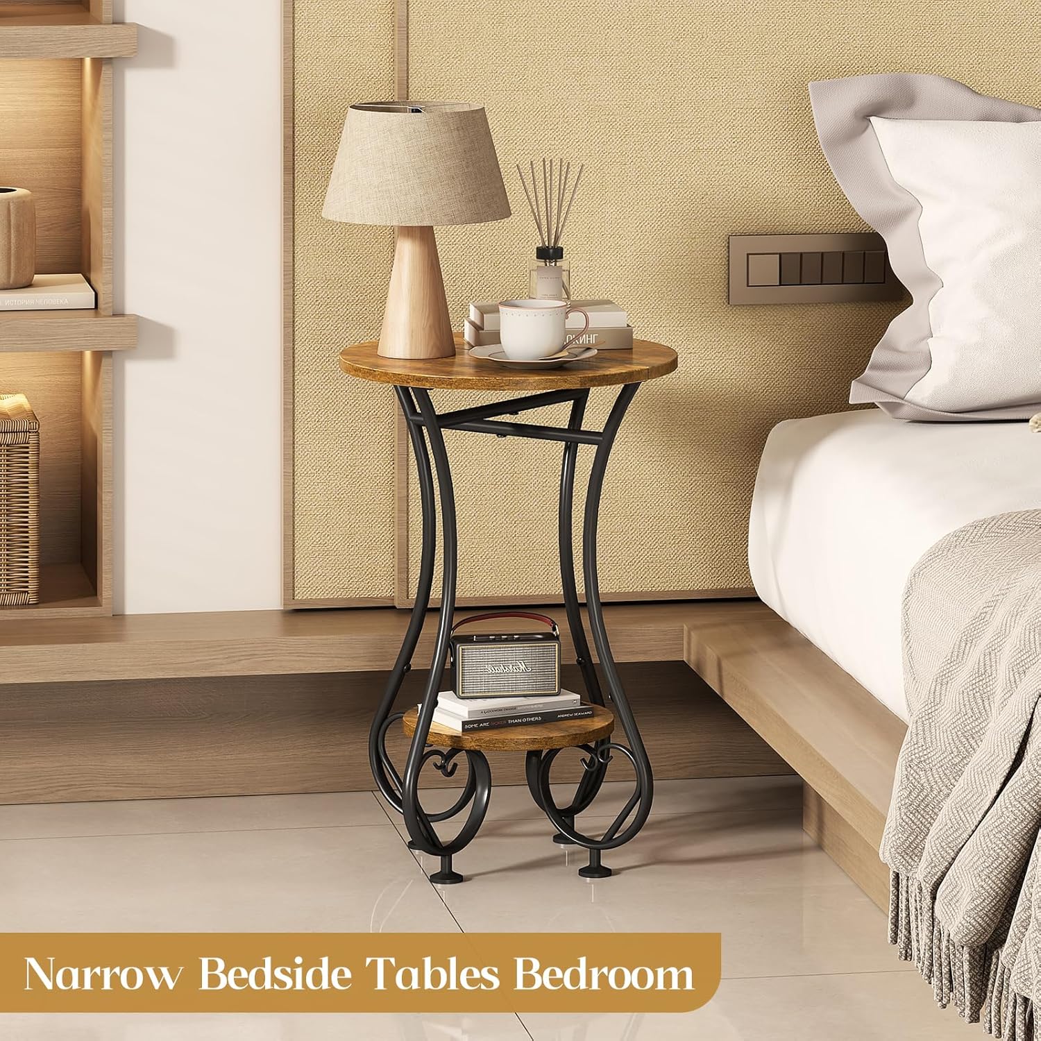 X-cosrack Small Round Side Table with Lower Shelf for Small Spaces, Compact End Table for Sofa, Bedside Nightstand, Coffee & Drink Table for Living Room, Bedroom, Balcony