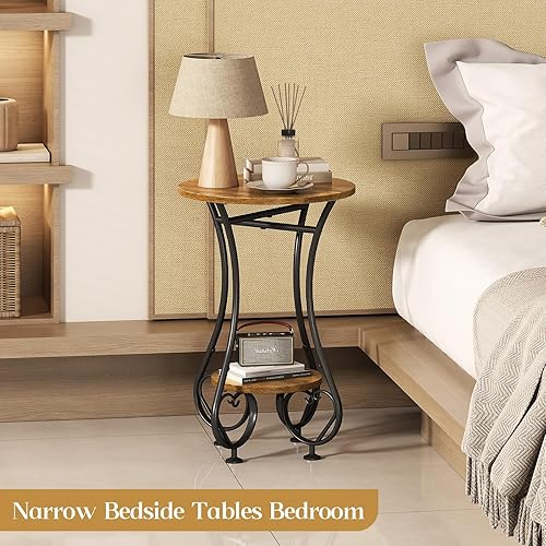 Miniatura 8 de Mesa auxiliar, pequeña mesa auxiliar redonda con estante inferior para espacios pequeños, mesita de noche redonda con marco de metal, sofá, mesa de