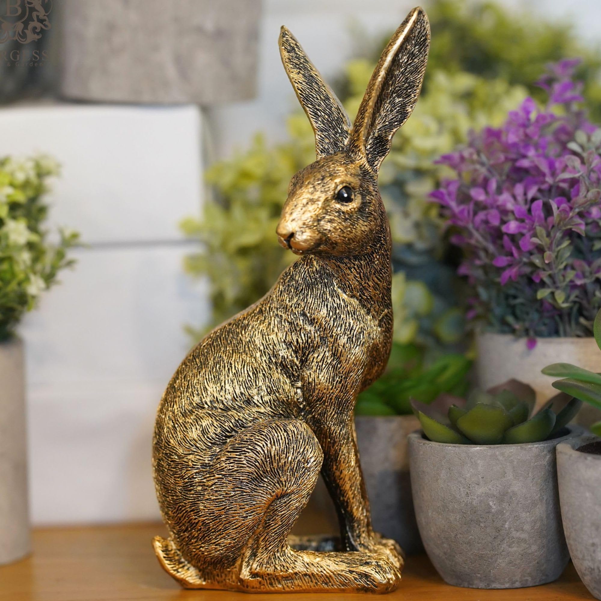 Gold Hare Home Ornament | Sitting Golden Bunny Rabbit Statue Garden Indoor Decor