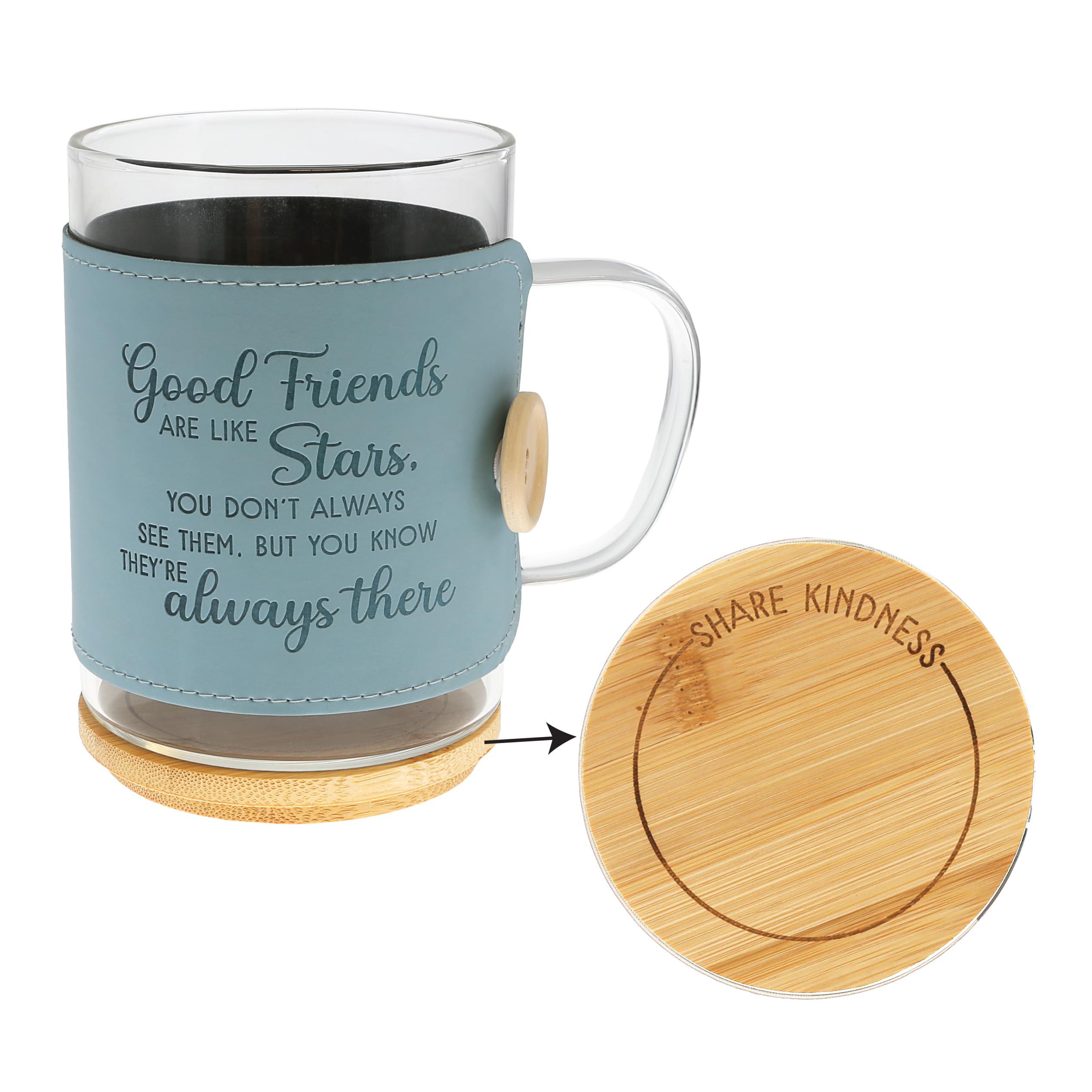Pavilion Gift Company - "Good Friends Are Like Stars 16 oz Glass Coffee Cup Mug With Unique Teal Wrap & Bamboo Coaster Cap 3 Piece Bestie Best Friend Present Gift