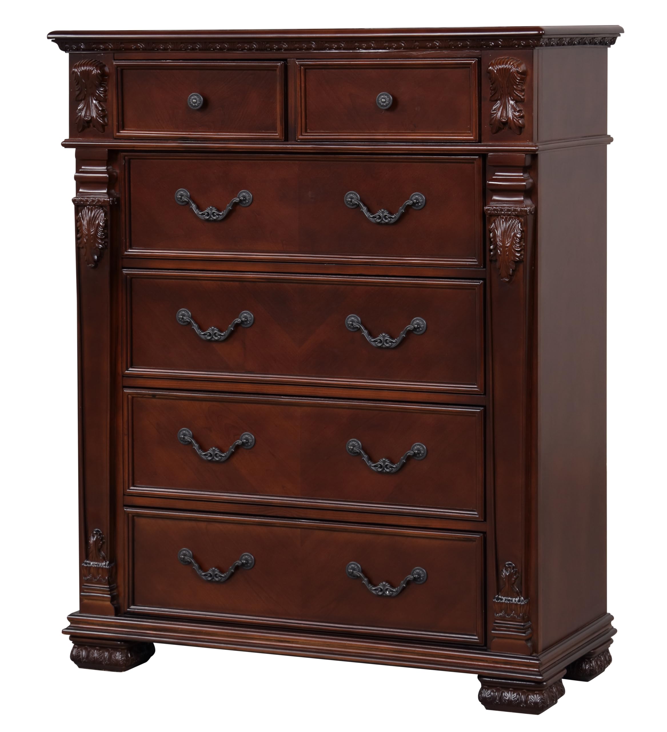 VeroFree 6-Drawer Chest, Cherry Finish – Sturdy Wooden with Gliding Drawers - (As is because there is damage to the bottom left side corner of dresser, pictured. Also some splitting to the wood on base of front bottom of dresser)