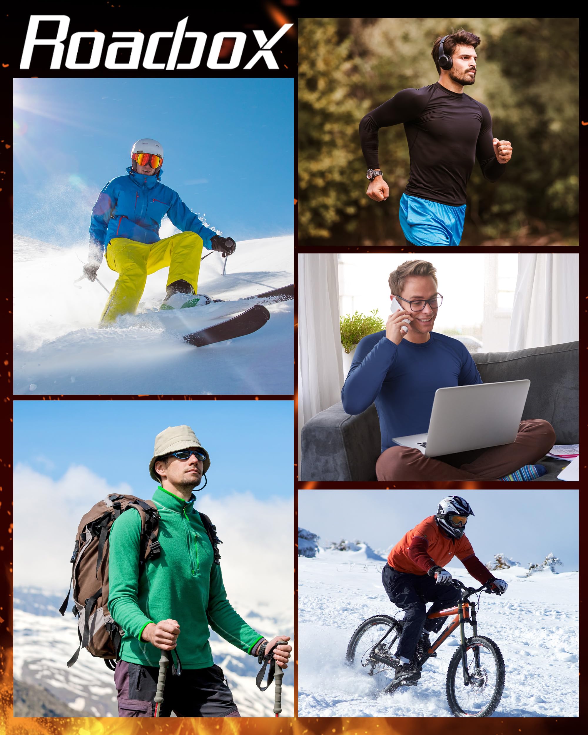 Roadbox 1-2er Pack Herren Thermo Kompressionsshirt Langarm Innenfleece | Warmes, atmungsaktives Funktionsunterhemd，Bietet flexible Muskelunterstützung für Winterlauf, Skifahren und Outdoor-Arbeit.