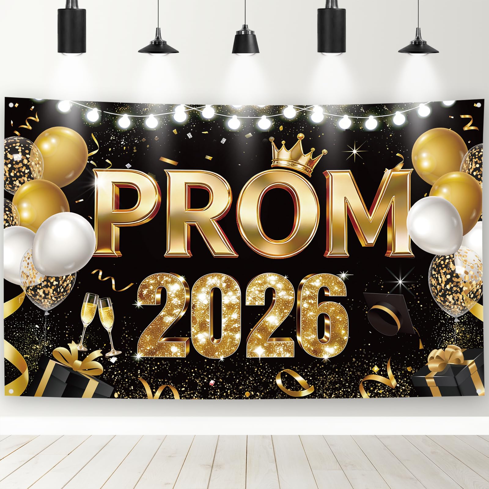 Prom Decorations 2026 Banner, Black Gold Graduation Decorations Large Banner Backdrop 180 * 110cm, Class of 2026 Prom Night Party Decor Photo Background