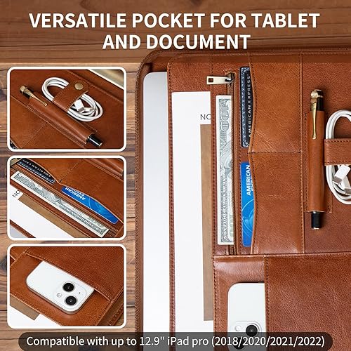 Miniatura 4 de YIWEN Carpeta de 3 anillos hecha a mano de piel de caballo loco con cremallera para hombres y mujeres, organizador de negocios para carta A4 tamaño