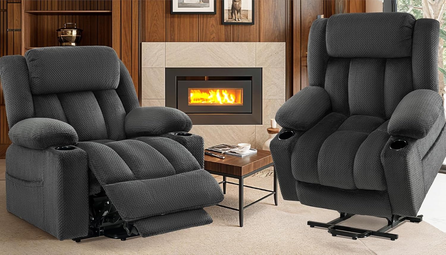 2 Set Triple Motor Large-Wide Power Lift Recliner Chair for Elderly Big and Tall, Lay Flat, Heat and Massage, Infinite Position, Power Headrest,Plush Flannel, Set of 2 - (Gray)