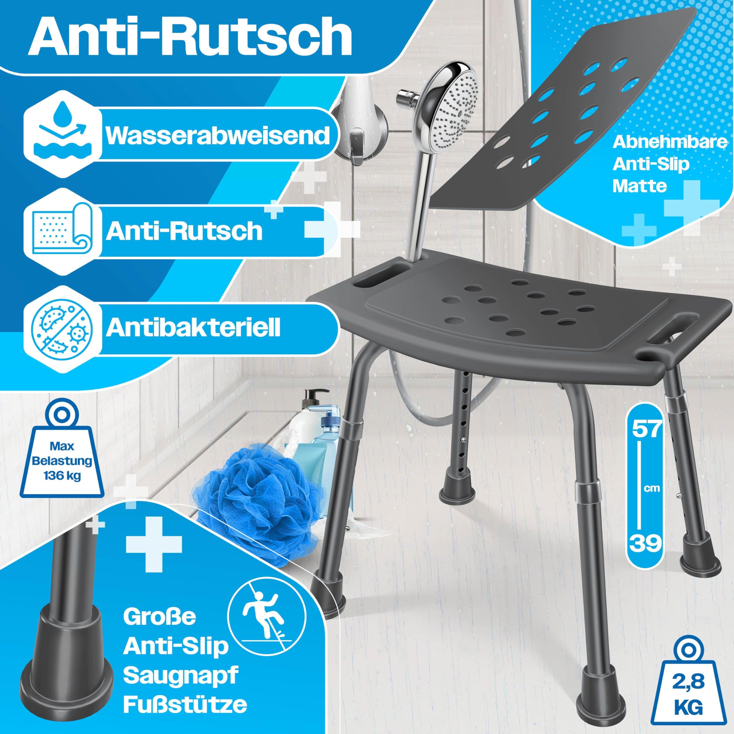 KESSER Taburete de ducha regulable | ligero taburete de baño antideslizante pies de goma silla de ducha soporta 136 kg | ayuda de ducha para personas mayores | asa de sujeción con ventosa | asiento de