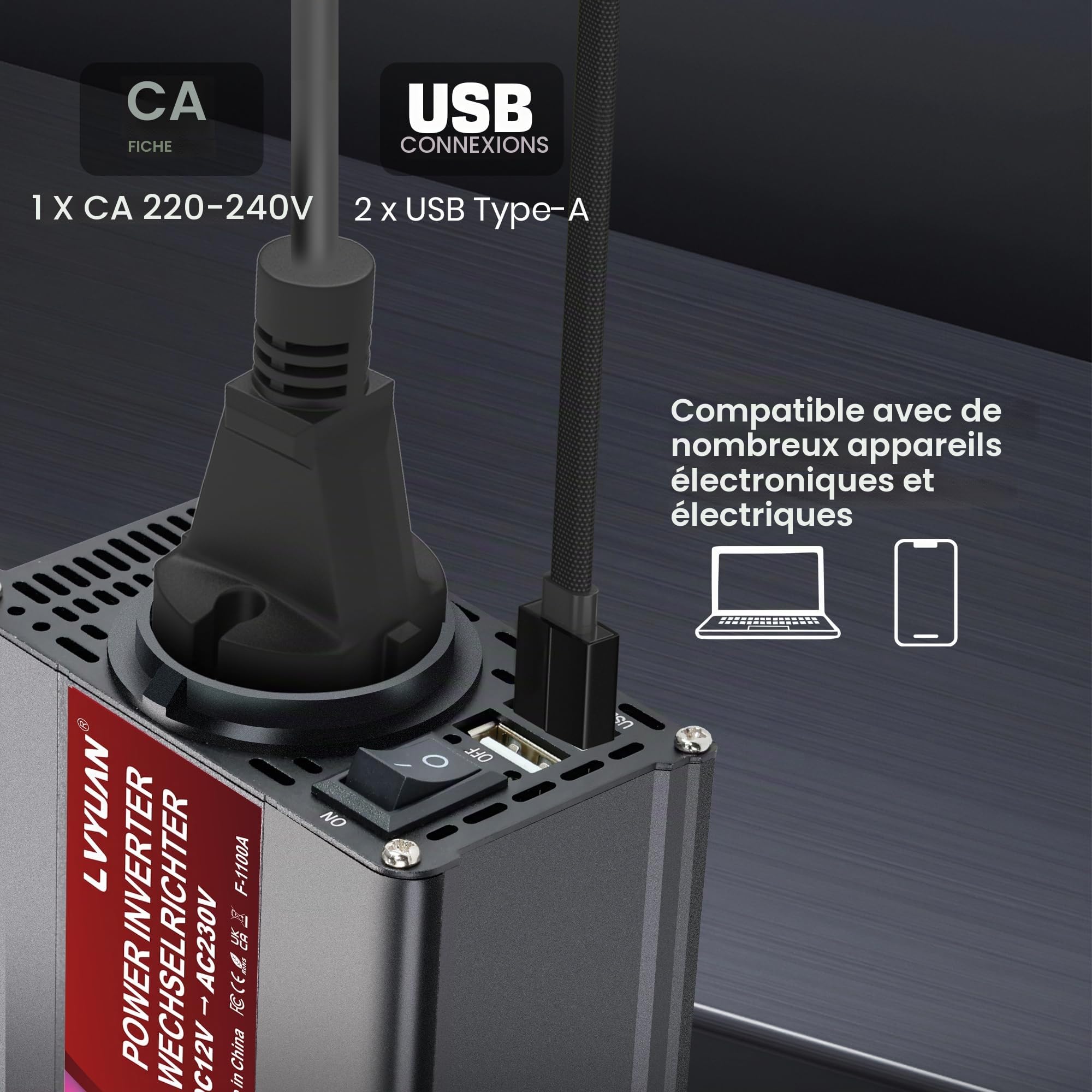 LVYUAN Convertisseur 12V 220V 1100W/ 2000W DC à AC Convertisseur de Puissance Voiture Onduleur Inverter Transformateur avec 2 Ports USB