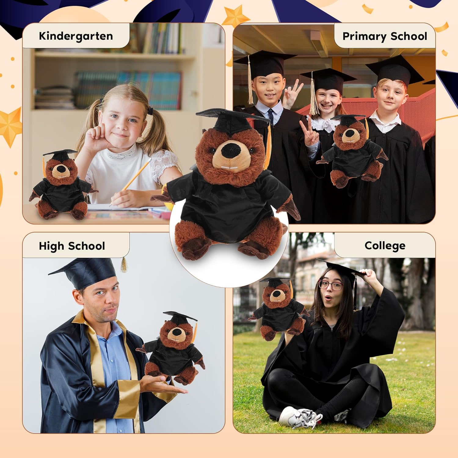 Personalized Beaver with Graduation Cap and Gown - Plush Stuffed Animal Toy 12 inch - Graduation Gift with Customized Text Name School Logo on Gown for Any Student (Black Cap & Gown)