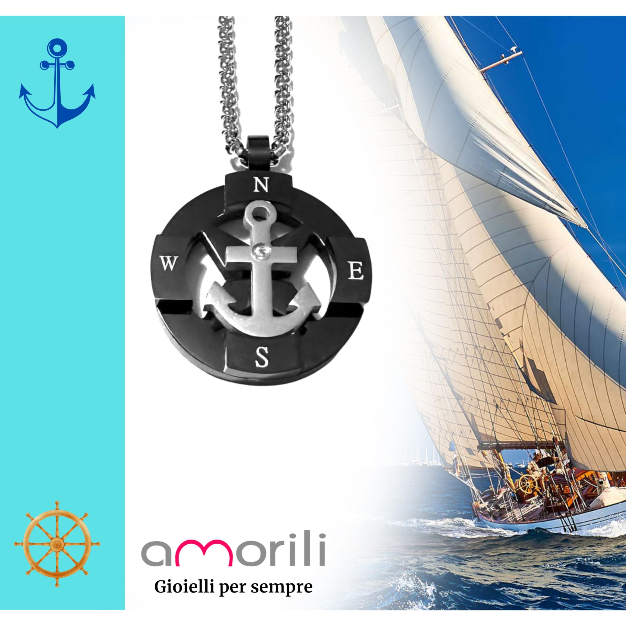 Collana Ancora Uomo in Acciaio Inox Vari Colori con Punti Cardinali – Simbolo Nautico Mare Estate Vela – Idea Regalo Uomo