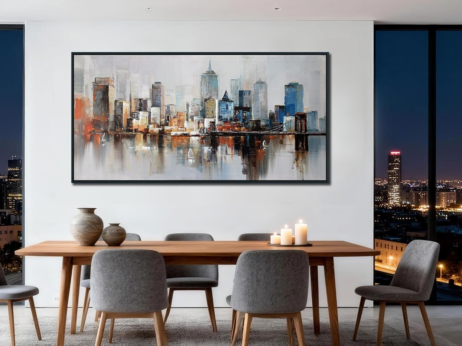 Arjun Brooklyn Bridge Wall Art Modern New York Abstract Canvas Cityscape Painting Colorful NYC Skyline Textured Picture for Living Room Bedroom Home Office Wall Decor, Large Black Wood Framed 48"x24"