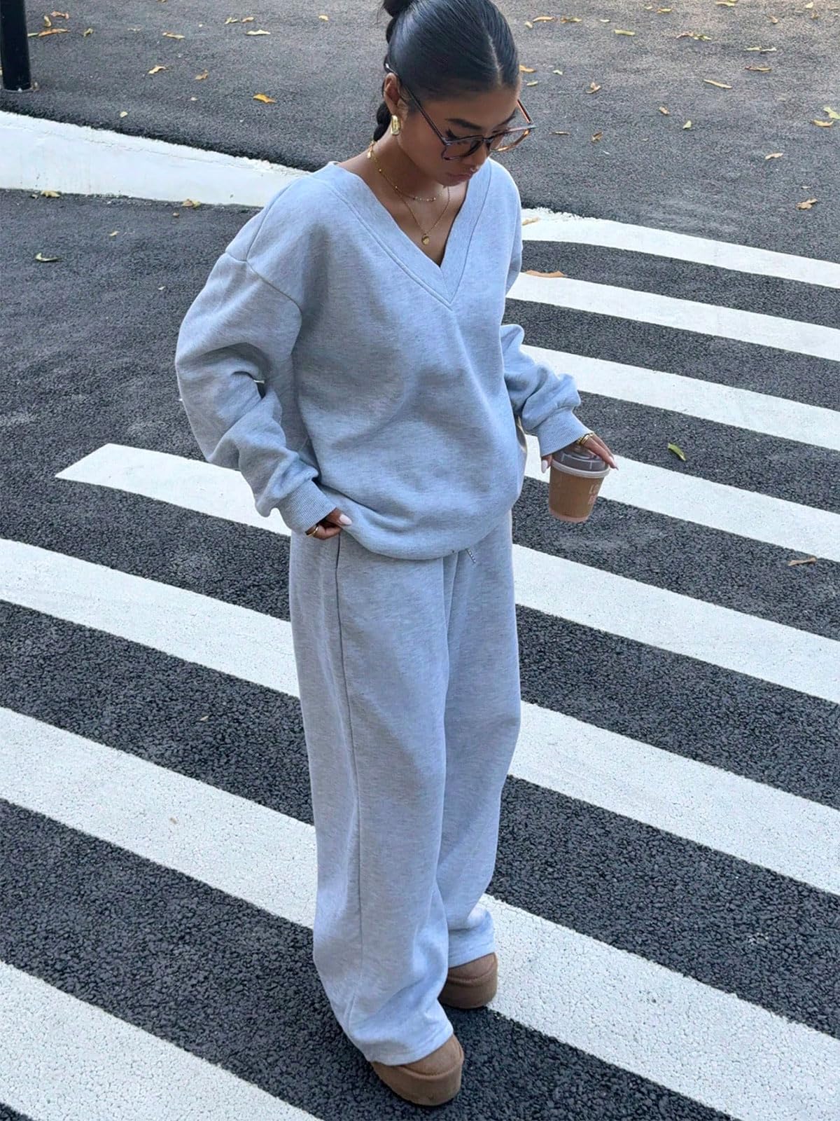 Conjunto de 2 piezas para mujer, sudadera de manga larga, pantalones de pierna ancha con bolsillos, chándal y ropa de descanso — view 4
