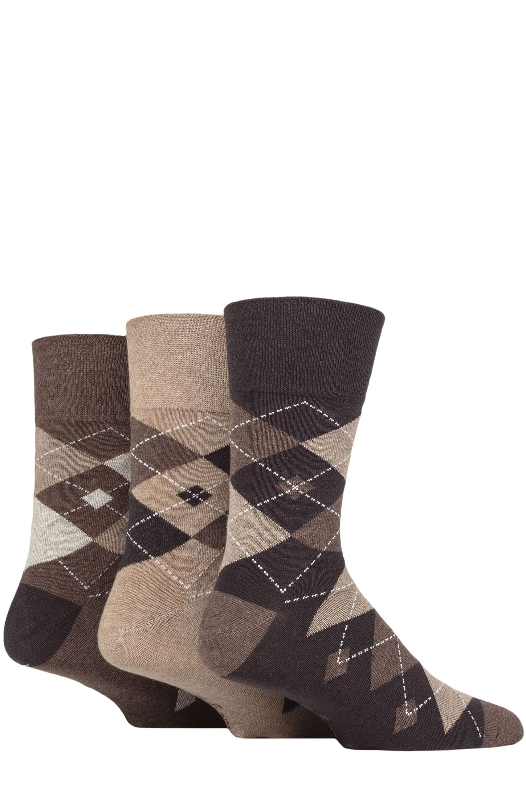 Gentle Grip Men's Argyle Brown/Natural 3 Pair Argyle Cotton Socks 6-11