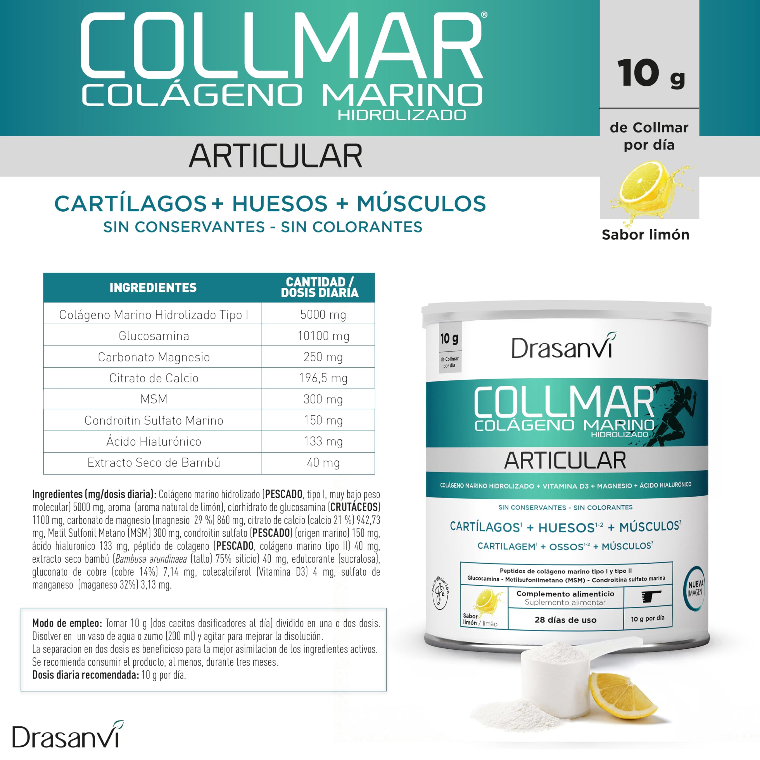 Colageno Drasanvi Collmar Articular Marino Con Glucosamina Condroitina Msm | Apoya Articulaciones Y Tendones, Formula Especial - Colageno Marino Hidrolizado Polvo Sabor Limon, Pack 2x280 Gramos