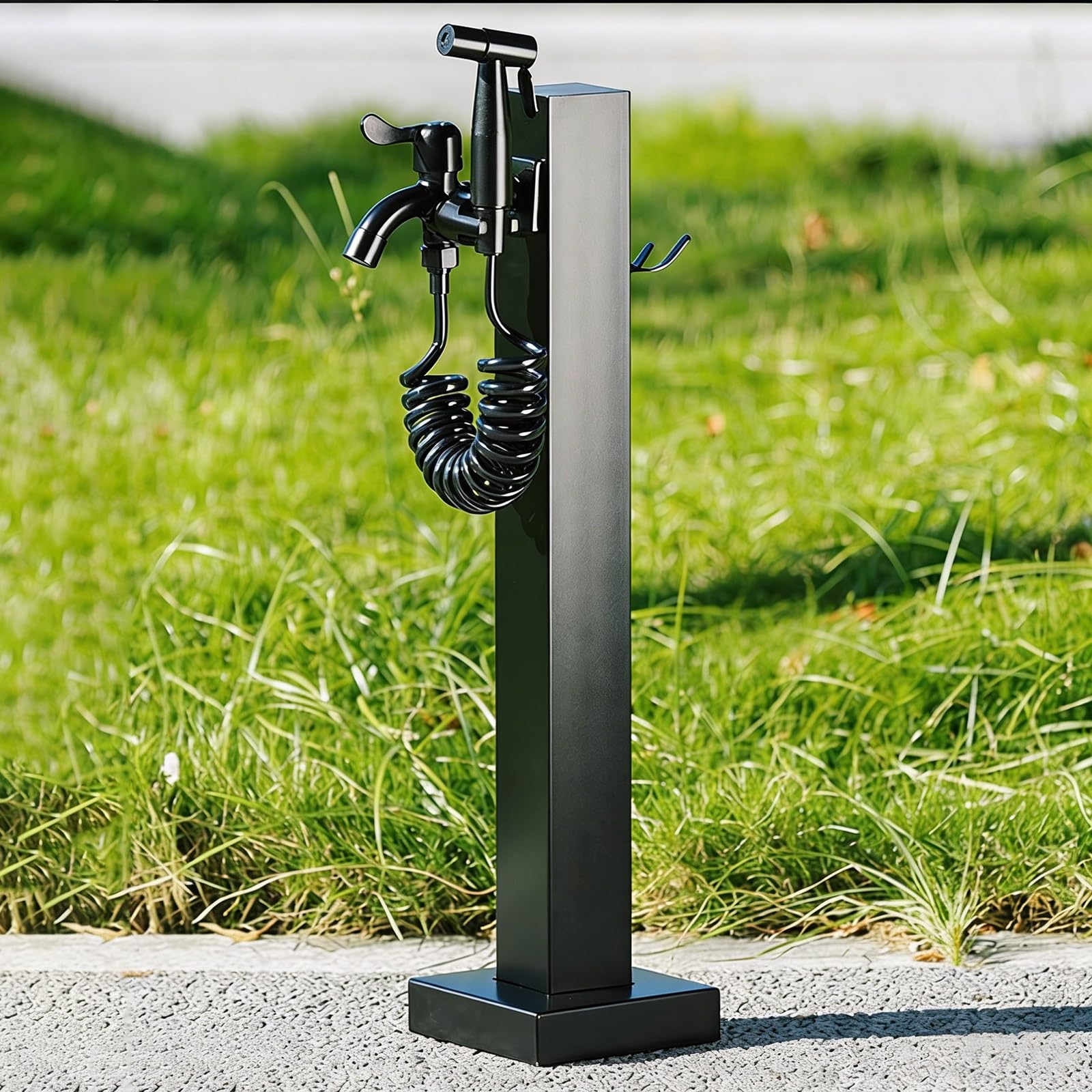 Supporto per colonna d'acqua da esterno in acciaio inox, 60 cm, con rubinetto e pistola a spruzzo, resistente, supporto per tubo da giardino per irrigazione e irrigazione (nero)